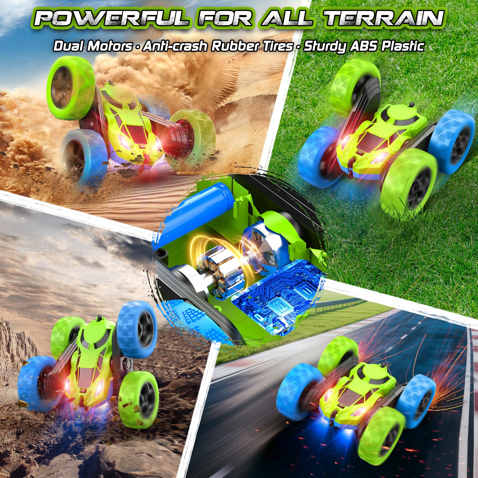 cosone Macchina Telecomandata, Auto RC con Fari 2.4GHZ Auto Giocattolo Telecomandate, 4WD Off Road Stunt Car Doppia Rotazione a 360°, Regali di Compleanno per Ragazzi dai 6 Anni in Su (Blu-Verde)