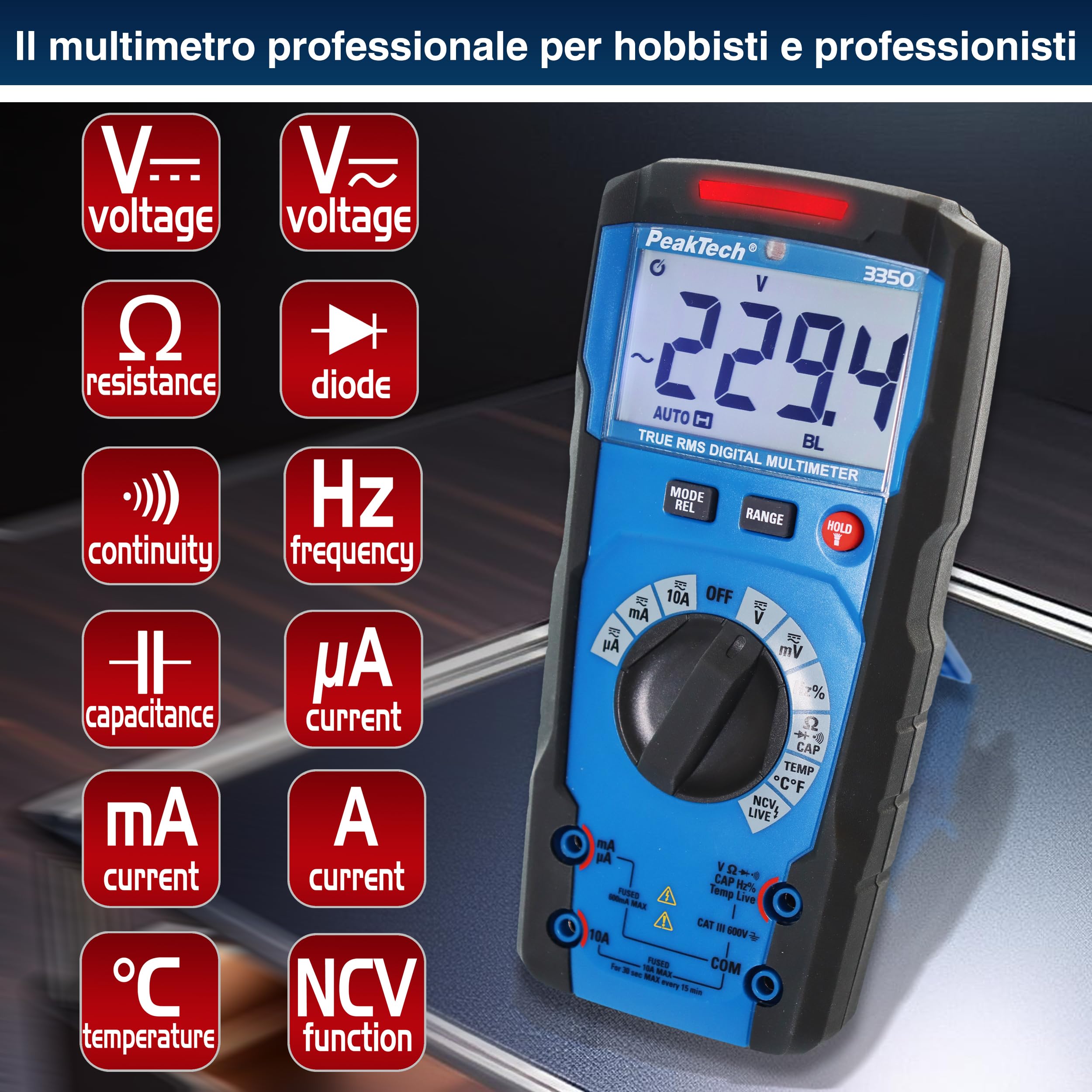 PeakTech 3350 - True RMS Multimeter mit Digital Anzeige Strommessgerät mit 6000 Counts Profi-Messgerät für Elektriker 10A AC/DC - CAT III 600V, automatische Bereichswahl