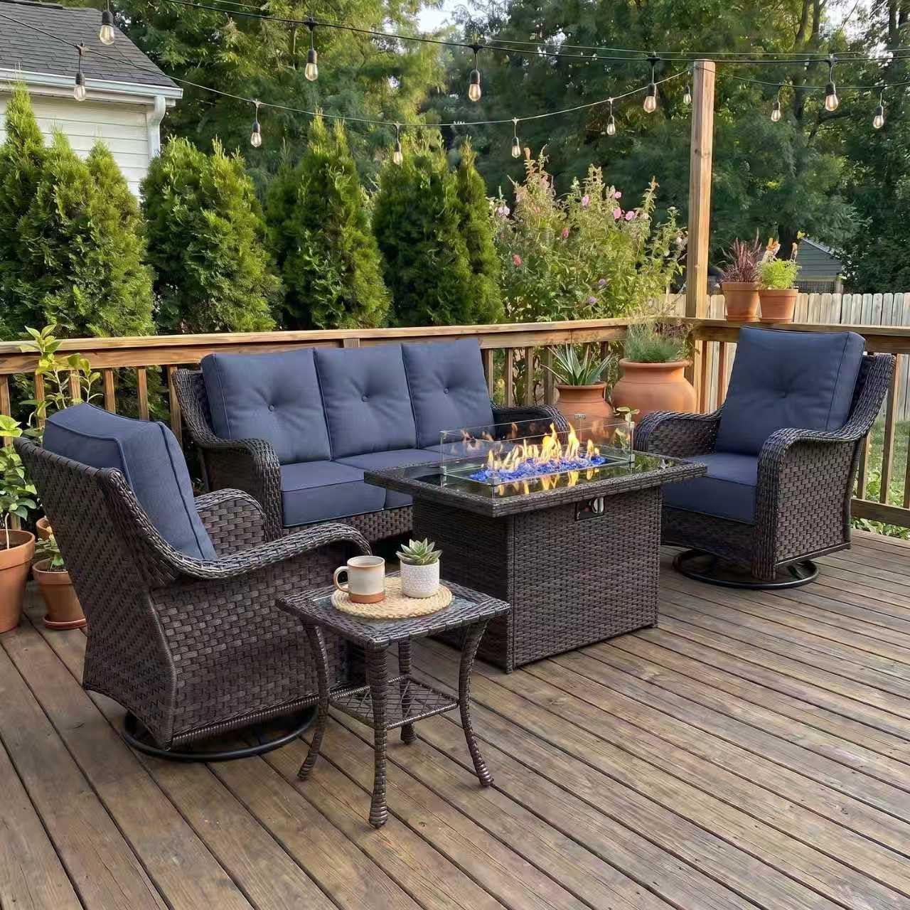 LayinSun 5 Piece Wicker Outdoor Furniture Set with 6-inch Comfy Cushions