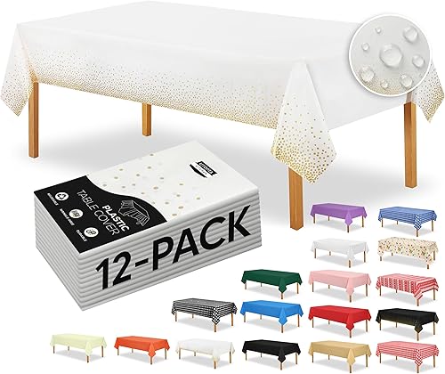 Miniatura 1 de Utopia Kitchen Mantel de plástico desechable (paquete de 12, 54 x 108 pulgadas), mantel rectangular con puntos dorados y blancos, impermeable,