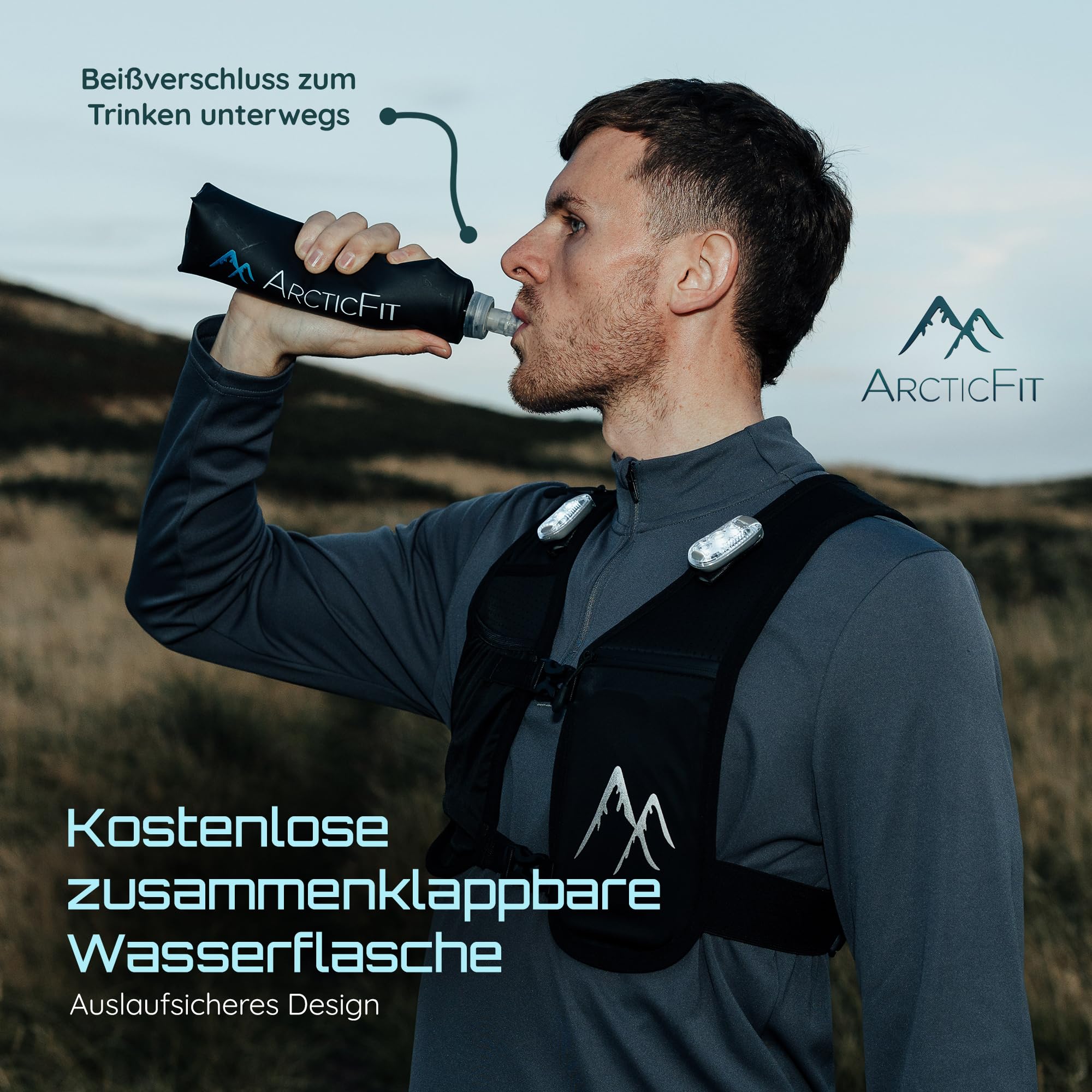 ArcticFit LED Laufweste – Verstellbare Unisex Reflektierende Weste mit Handyhalterung und Aufbewahrung – Leichte und langlebige Laufrucksack-Alternative – Trinkweste
