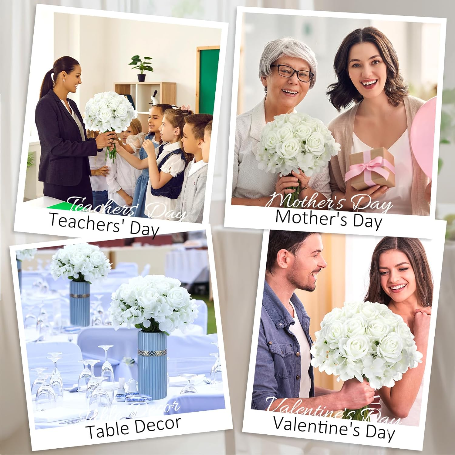 Havawish 60 Pcs White Hydrangea Artificial Flowers White Artificial Roses Bulk, 30 Faux Hydrangea Flowers 30 Fake Roses, Bridal Bouquet Flower Centerpieces for Tables Wedding Garden Decorations