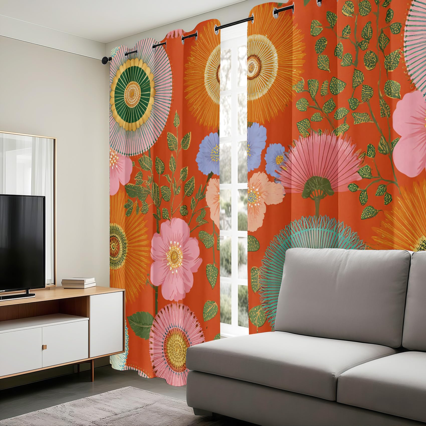 Générique Lot de 2 Rideau Occultant Fleur Bohème, Impression Floral Hippie Rétro Rideaux de Fenêtre Thermique Isolants Anti Bruit a Oeillets Rideaux Chambre Salon 140x245 cm L380y