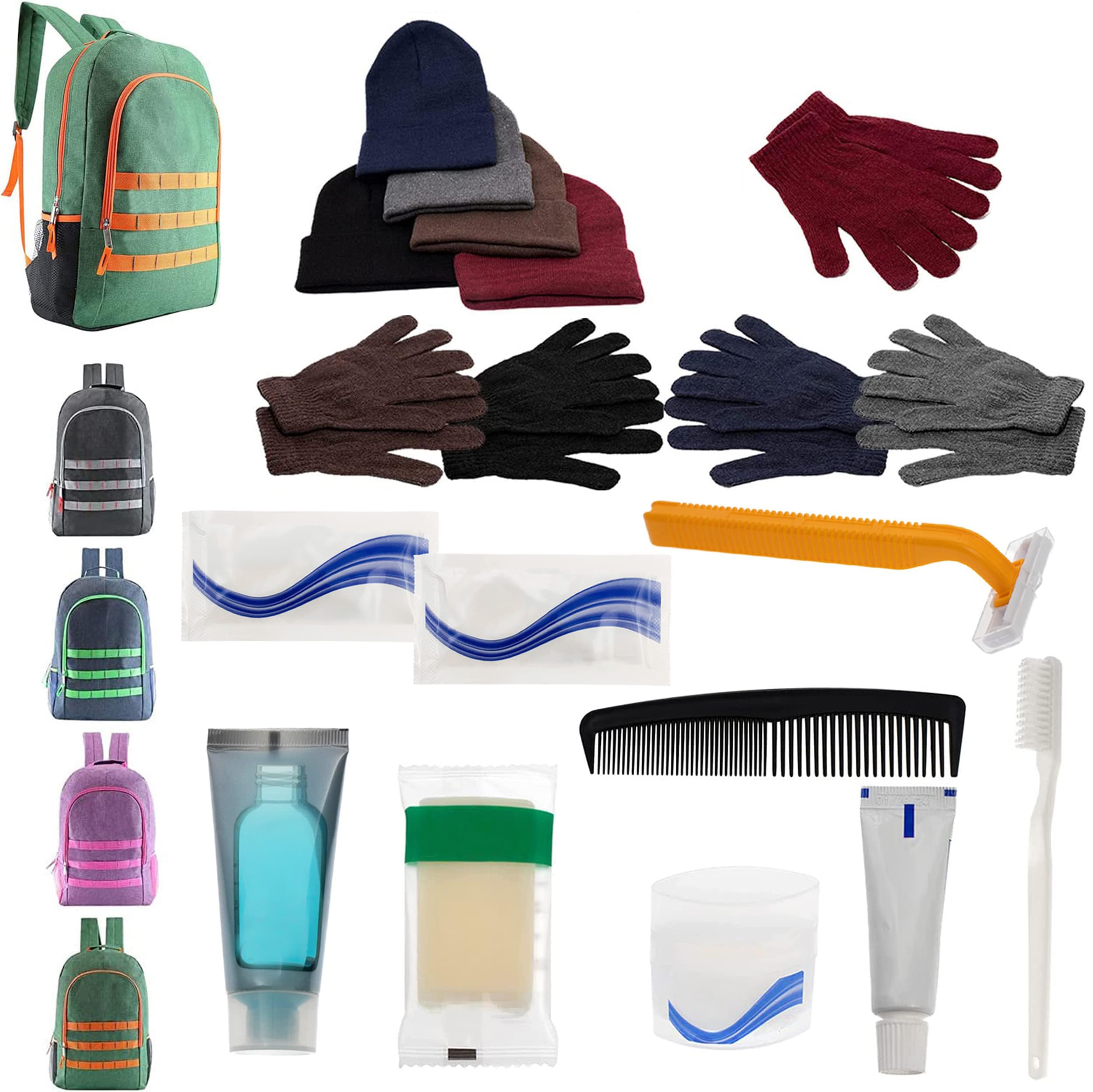 Bulk Case of 12 Backpacks, 12 Winter Item Sets, 12 Hygiene Supplies Kits - Bulk Supplies for Cold Weather, Emergencies, Homeless, Charity - Wholesale