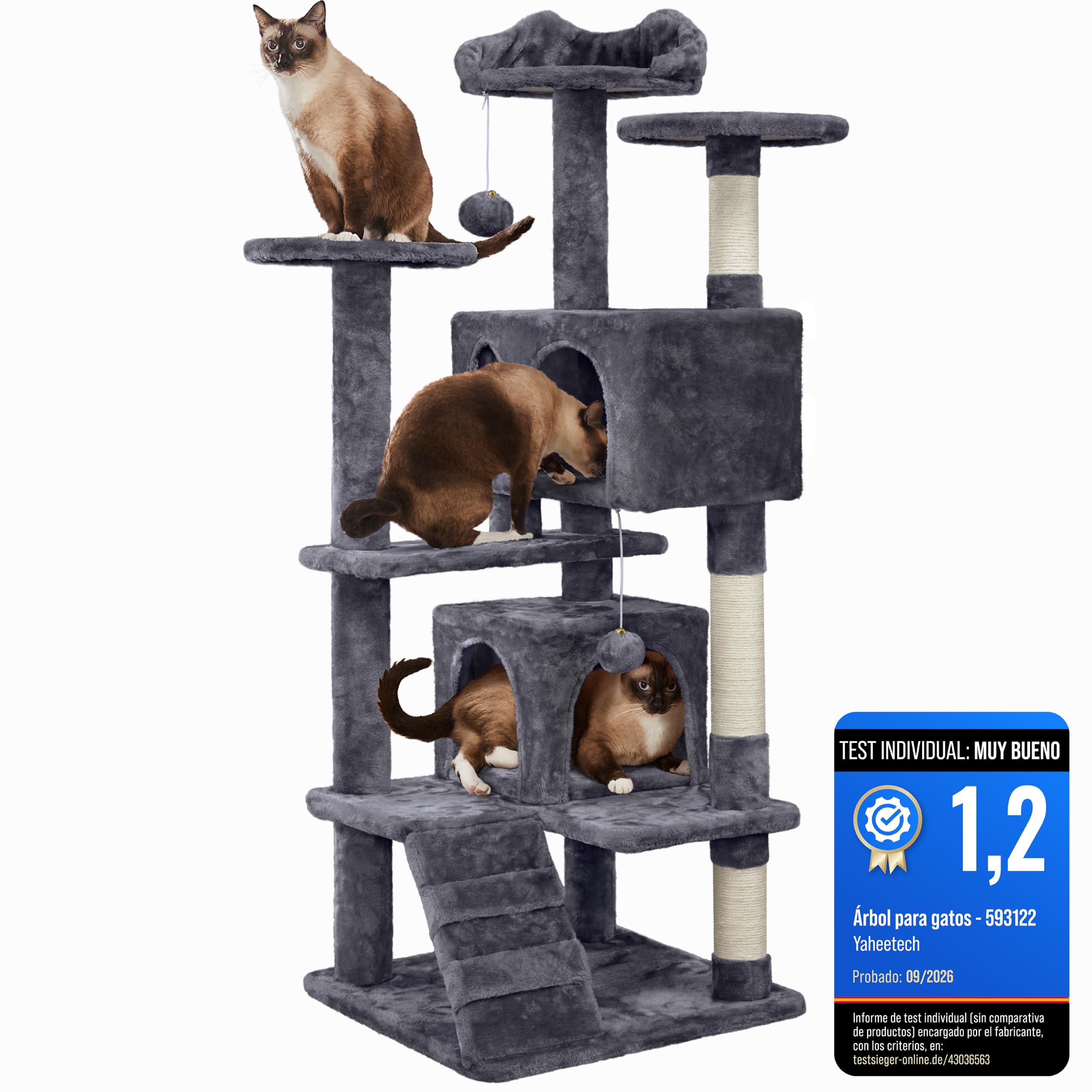 Yaheetech Árbol Rascador para Gatos 139cm con 3 Plataformas 2 Nidos 2 Pompones Torre de Escalador con Postes en Sisal Ideal para 3-4 Gatos Gris Oscuro
