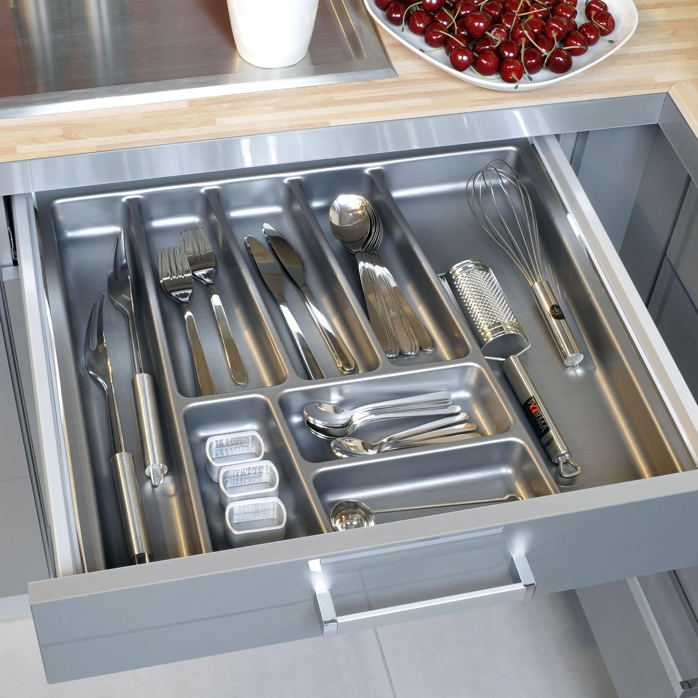 Mehrzweck Besteckeinsatz grau für Küchenschubladen Made in Germany - 54 x 48 cm - Kunststoff Schubladen Ordnungssystem schiefergrau - Universal Besteckkasten Küchen Büro Bastel Utensilien Organizer