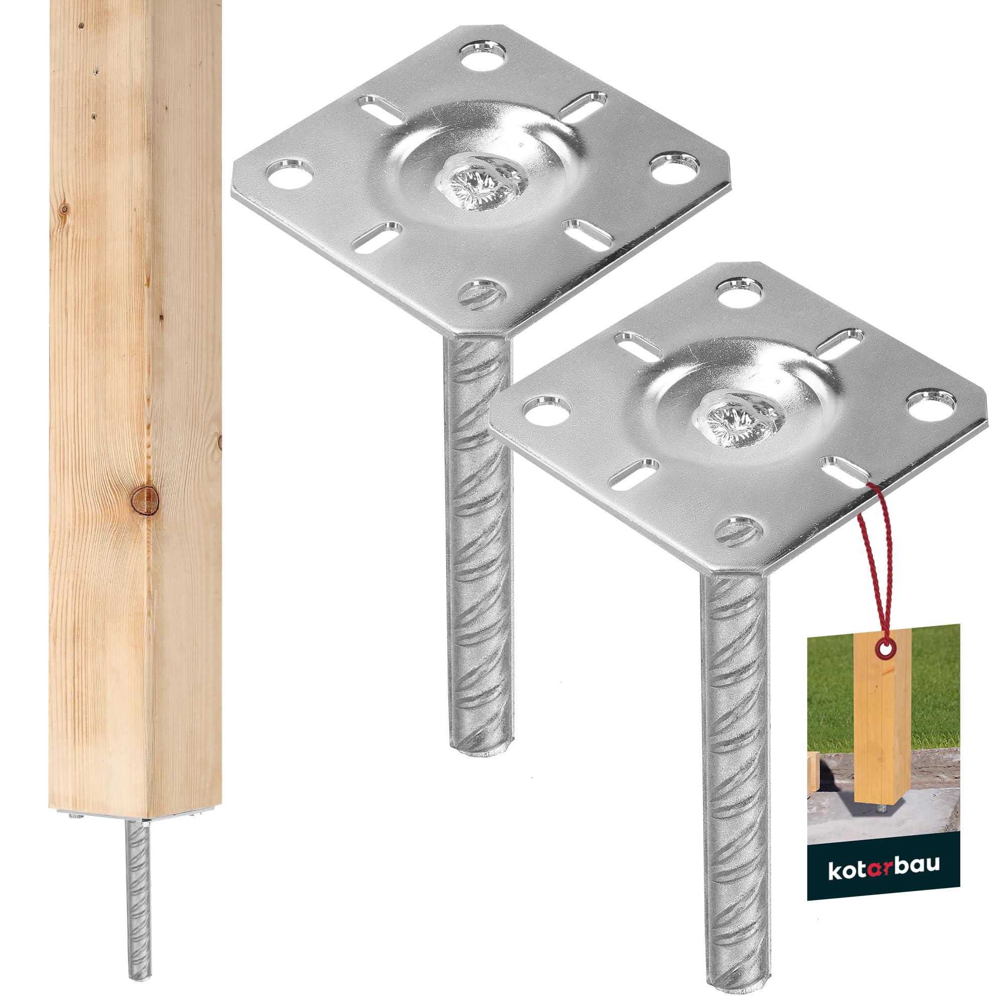 KOTARBAU® 2 pcs Post Base - Galvanised Steel - 100x100x200 mm (3.94×3.94x7.87 inches) - Silver - Fence Post Base Concrete - with Ribbed Dowel - for Fence Posts - Wooden Beams - Support Concrete Anchor