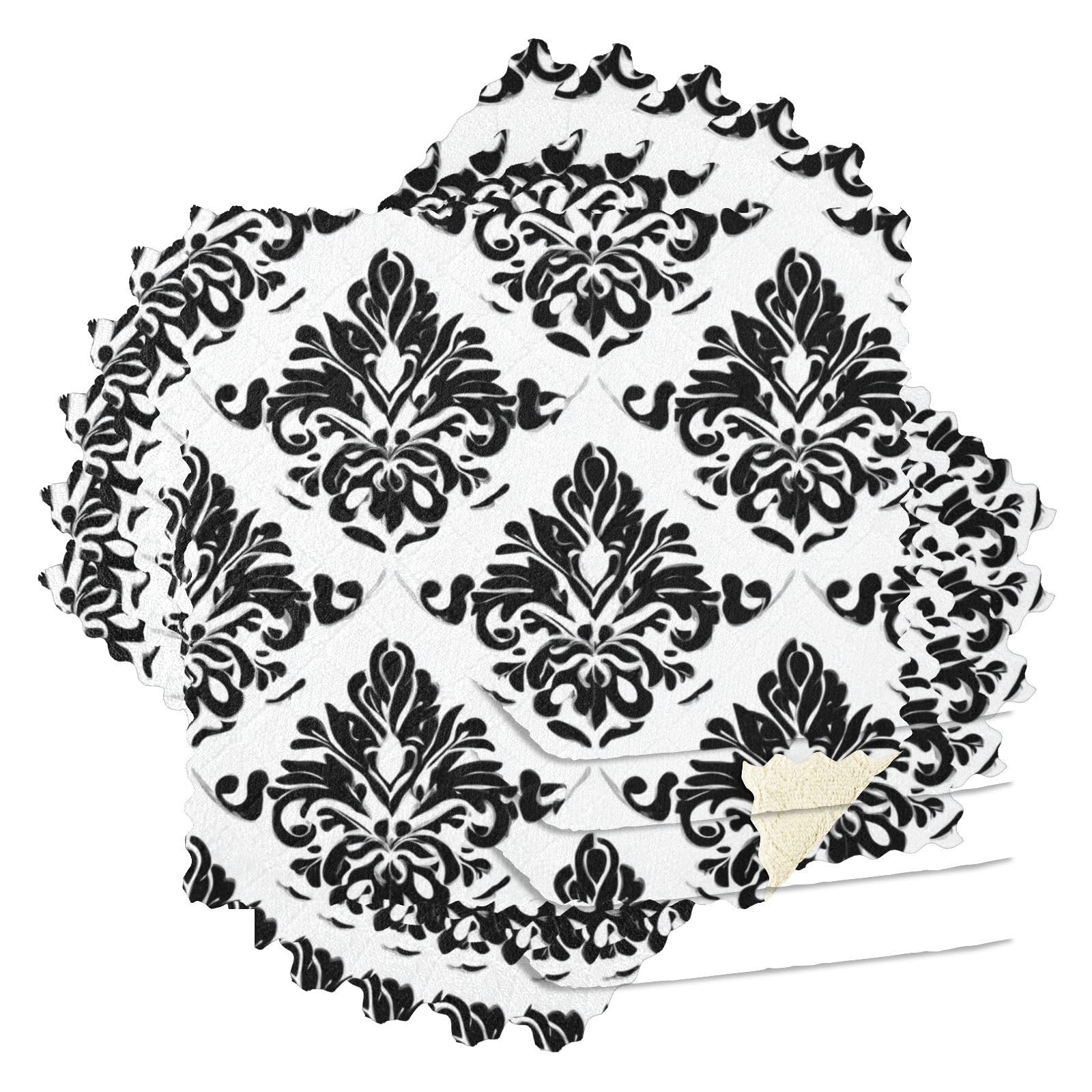 6 Pack Kitchen Dish Cloths, Damask Monochrome Dish Towels Dish Rag Cleaning Cloth for Dishes Kitchen Counter 11 x 11 Inch,(Pack of 6)