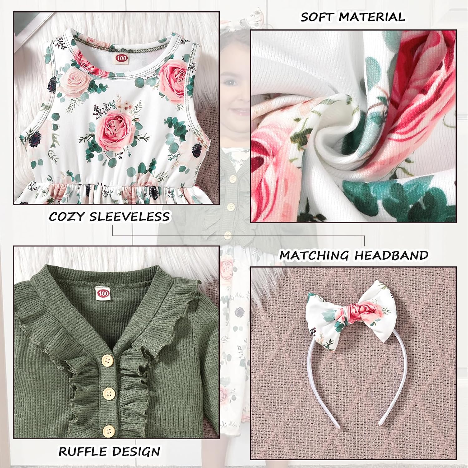 HINTINA Toddler Little Girls Dress And Cardigan Sets 2 Piece Floral Print Sleeveless Dress and Long Sleeve Cardigan Set