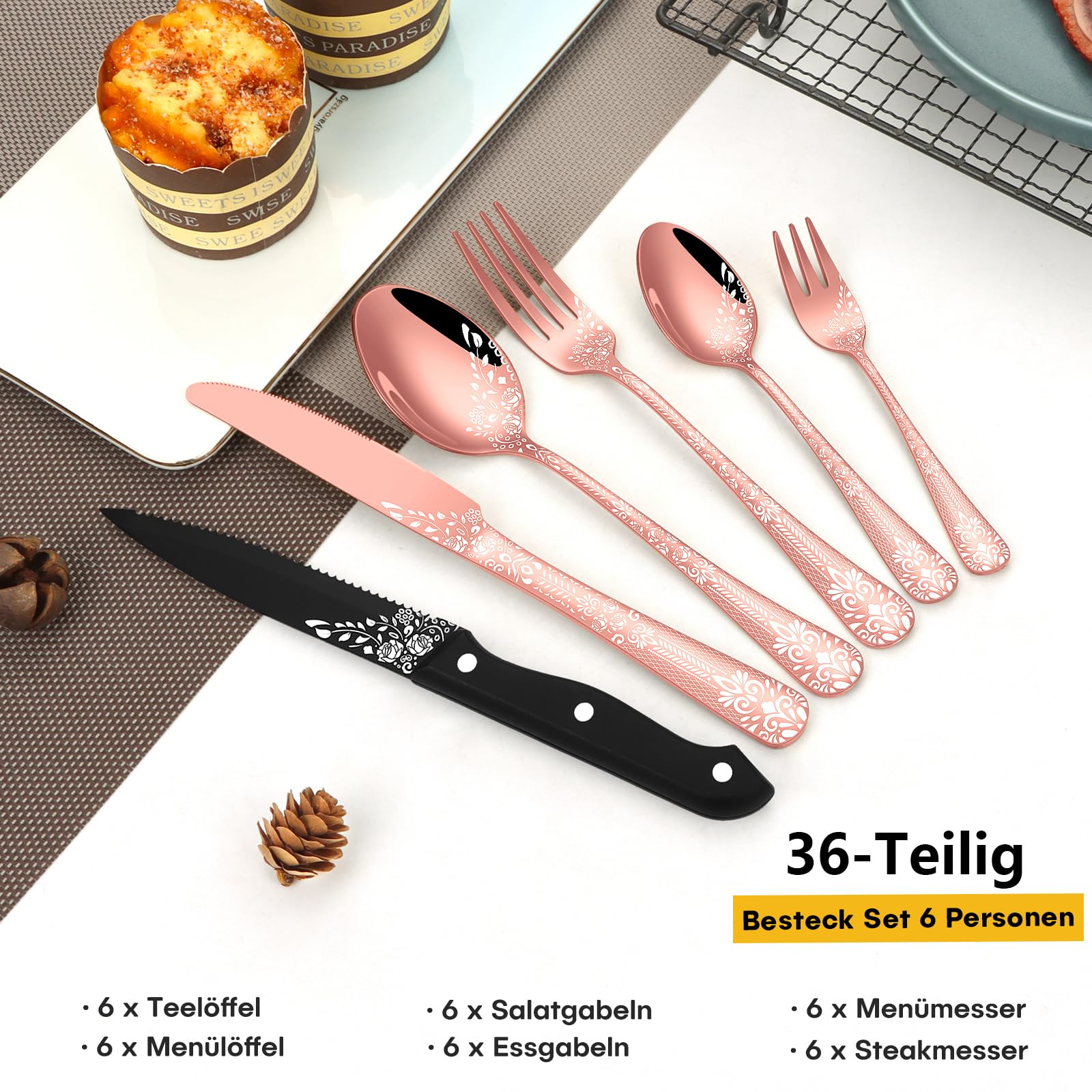 36-teiliges Besteck Set Roségold für 6 Personen, HONKKU Edelstahl Besteckset mit Steakmesser, Essbesteck Set Spiegel Polierter mit Blumenmustern, Gabel Löffel Messer Set Geschirrspüler Safe