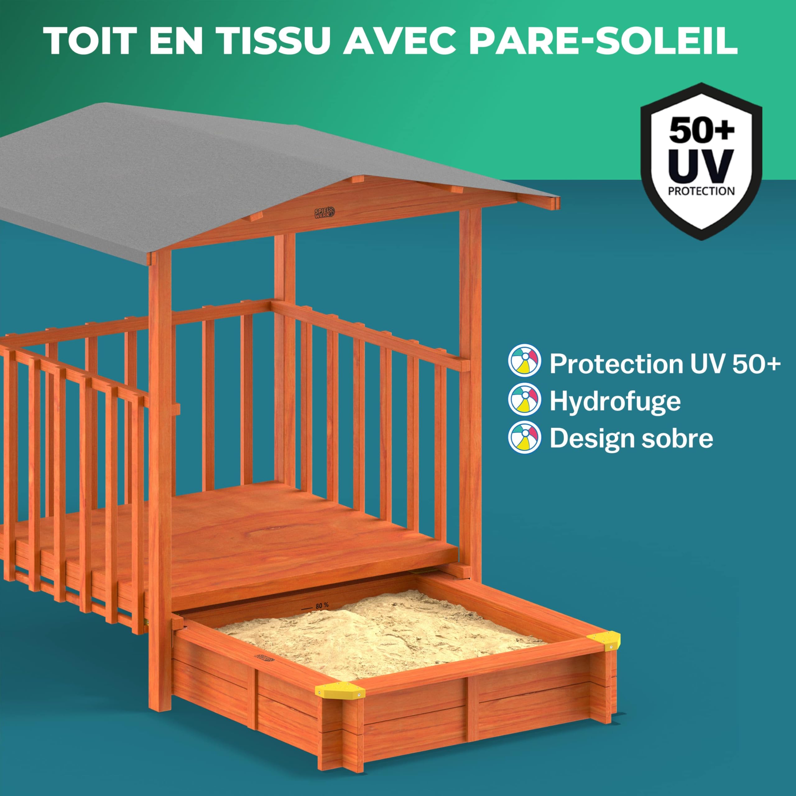 SPIELWERK® Bac à Sable en Bois Merle 143x130x130cm Aire de Jeux cabane Protection UV 50+ Jeu pour Enfants extérieur Jardin