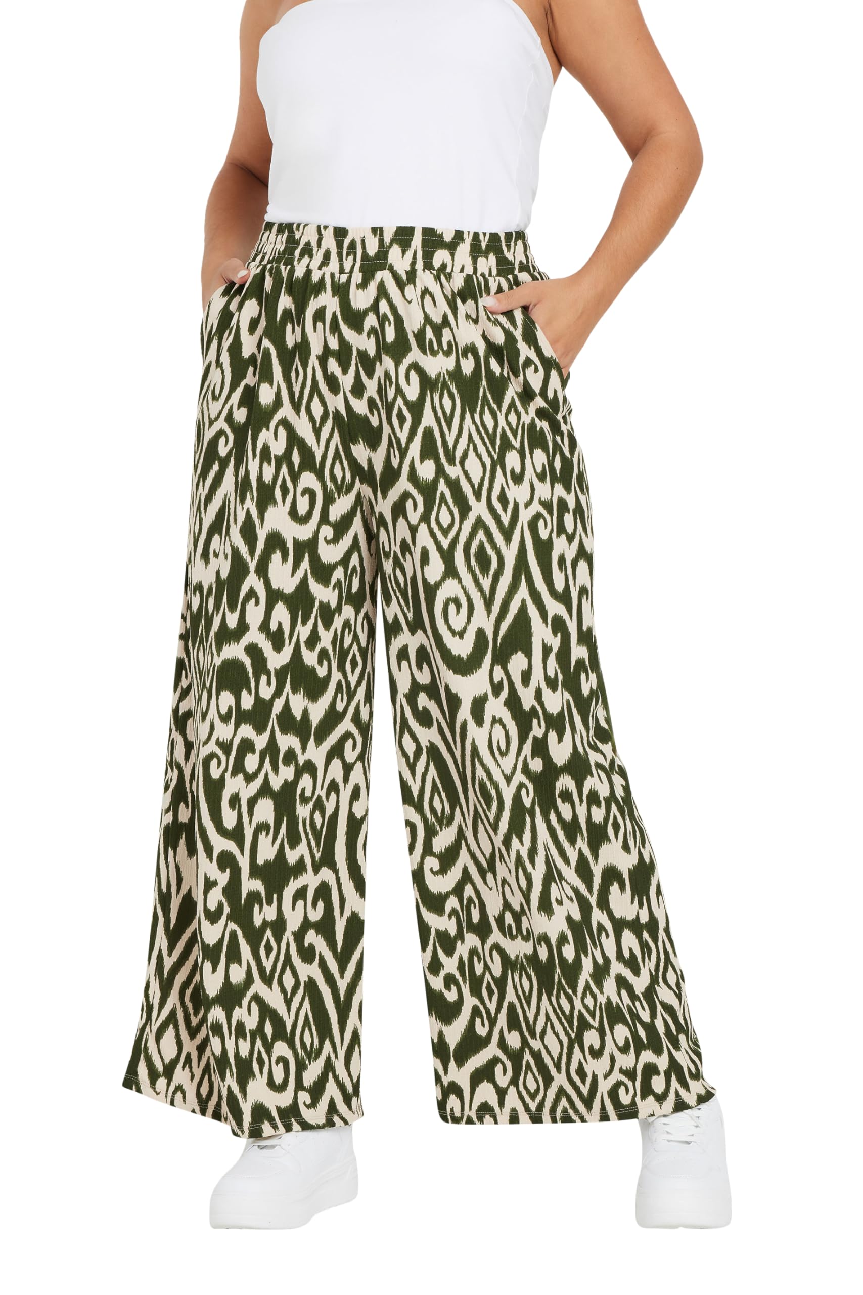 Yours Women's Green Textured Abstract Wide Leg Trousers In Size 22-24