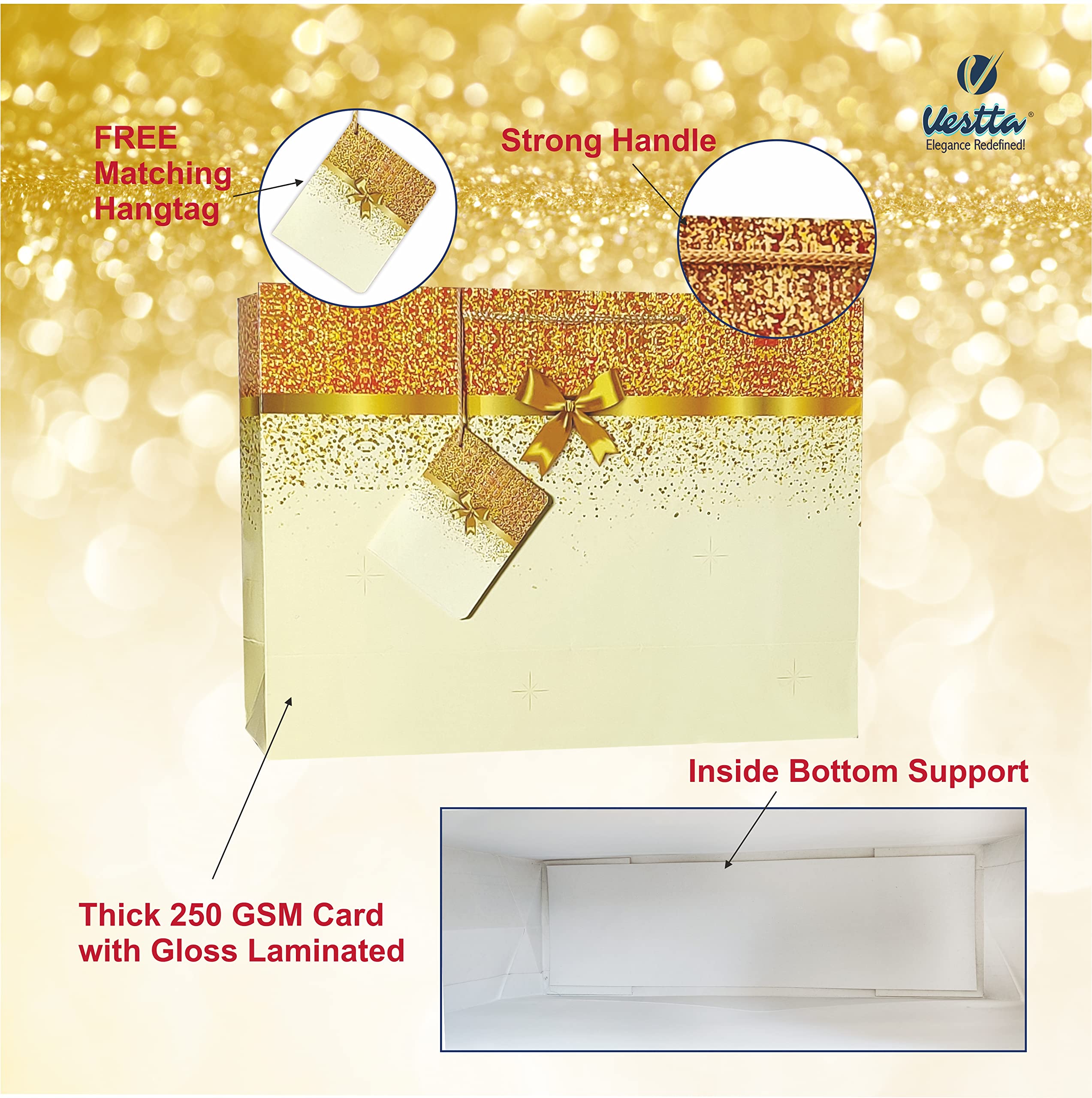 VESTTA -ELEGANCE REDEFINED Gifts Paper Bags, Glitter With Golden Bow, Gloss Finish, 14 (L) X 4.5 (B) X 10(H) Inches, Pack Of 10, Weddings, Diwali, Birthdays, Christmas With Gift Tags (Off-White) 1