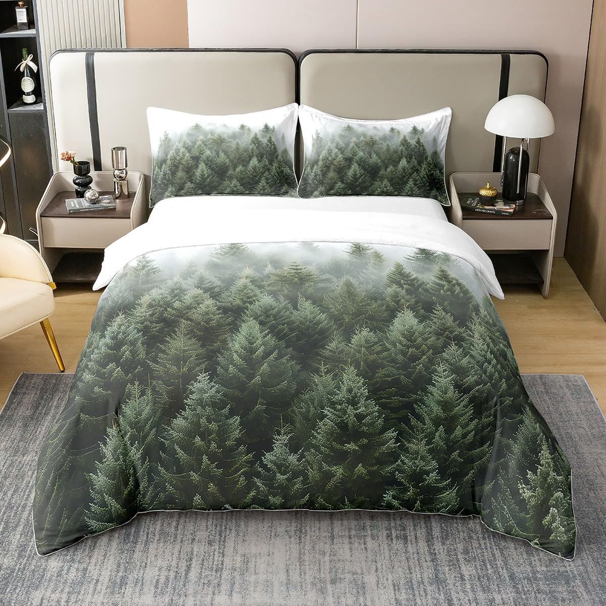 100% Baumwolle Woodland Bettbezug 155x220,Bäume Natur Nebelige Schlafzimmer Dekor Tröster Abdeckung,Botanische Berge Bettwäsche Set für Schlafzimmer,Grüne Weiße Pflanzen Jungen Mädchen Bettbezug