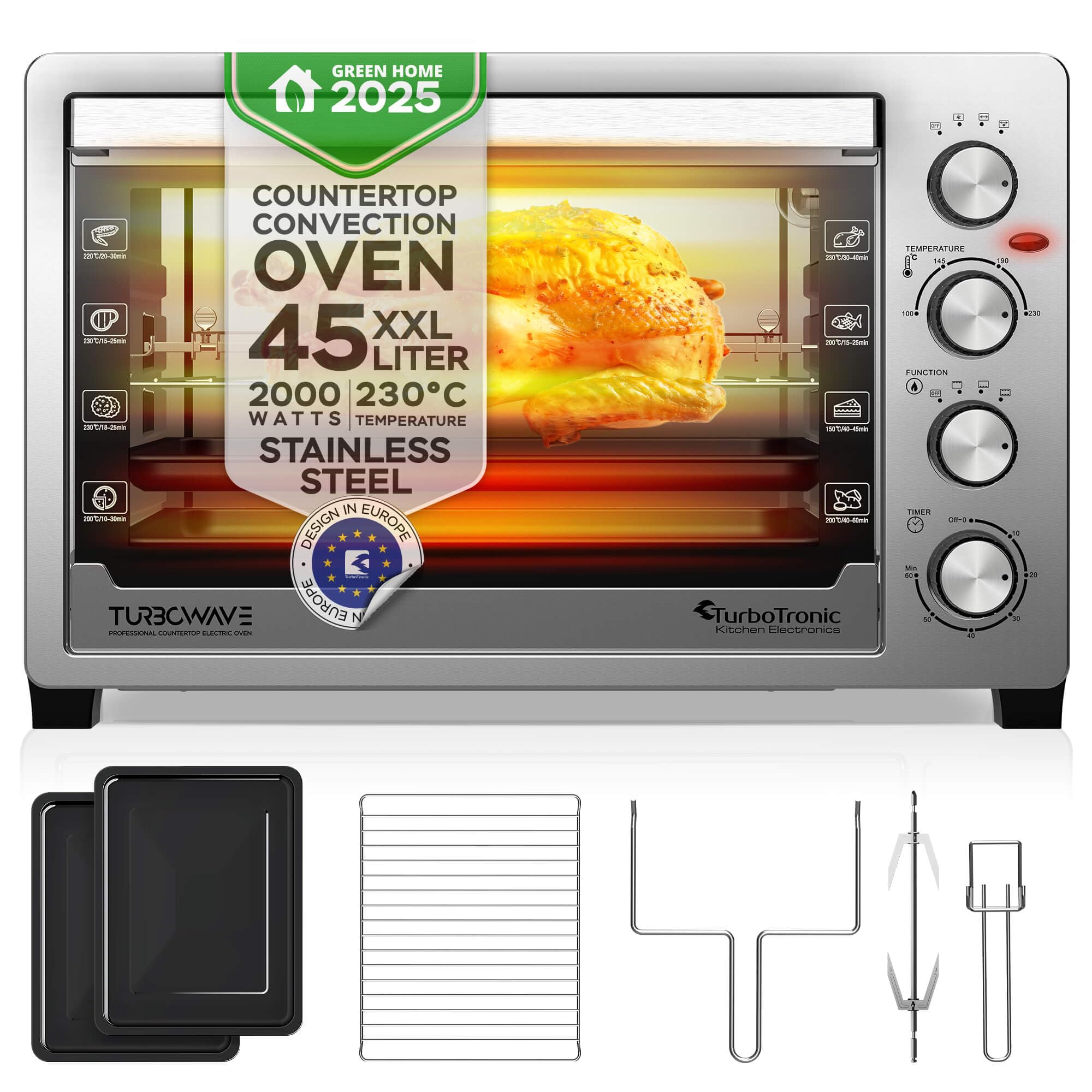 TurboTronic Elektrobacköfen mit Umluft, Grill & Drehspieß | 30 L, 38 L & 45 L Edelstahl-Tischbacköfen mit Timer & Doppelglastür für Pizza, Braten, Aufläufe (45L)