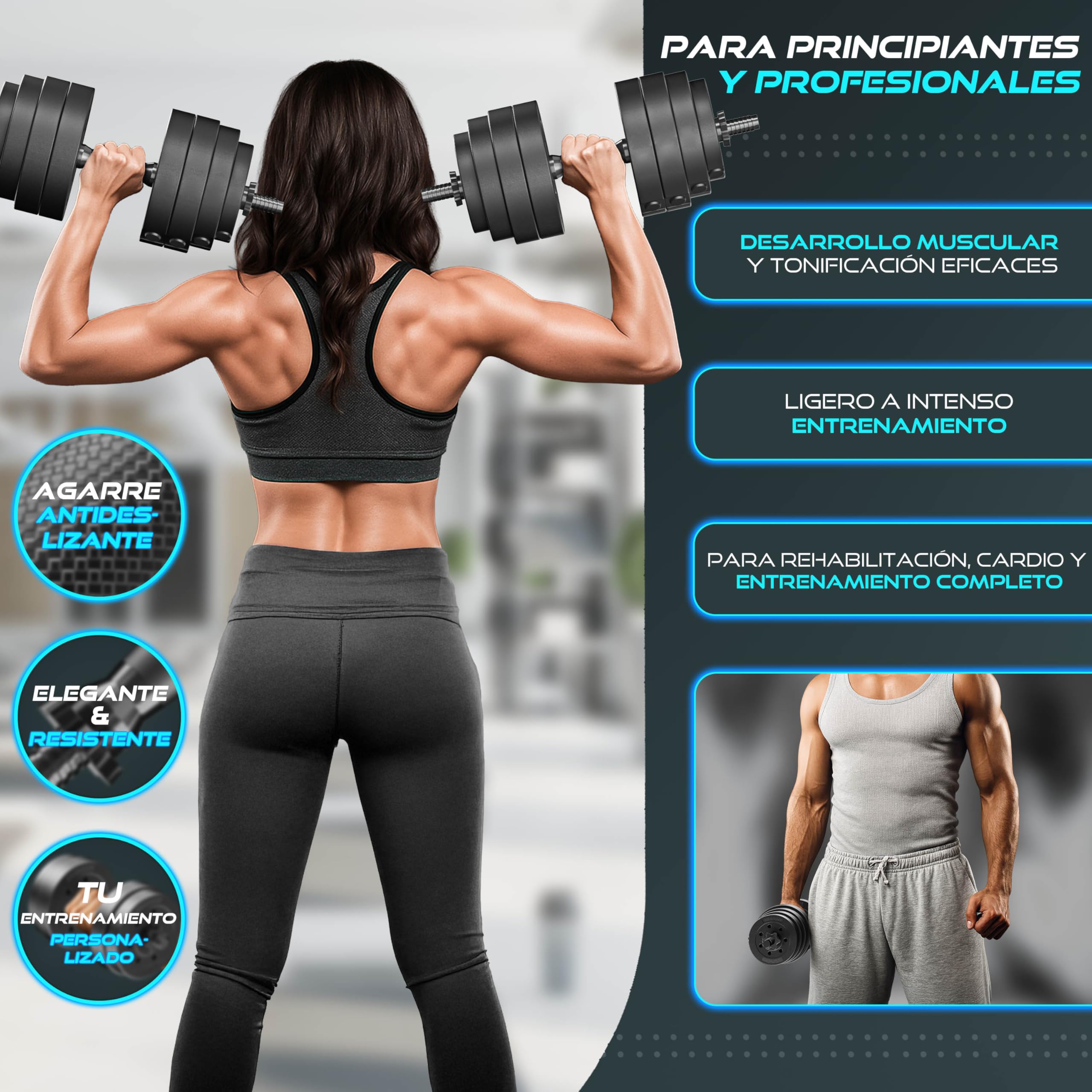 RE:SPORT Juego de 2 Mancuernas ajustables 15/20/30/40 kg con pesas y 4 cierres de estrella | Set de pesas para fitness, musculación, entrenamiento de fuerza y gimnasio en casa