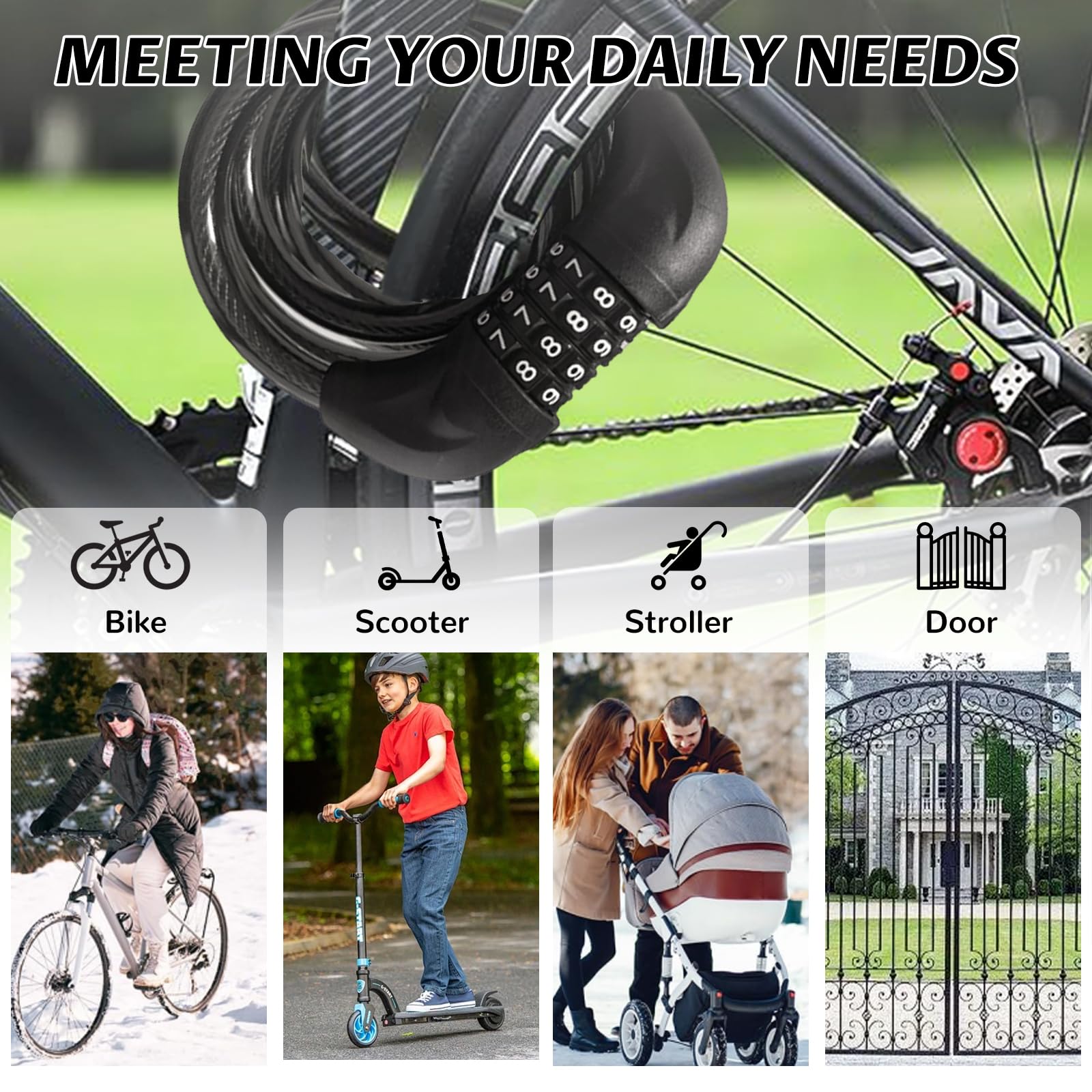 Lucchetto per bicicletta con combinazione a 4 cifre, lungo 1,8 m, resistente, antifurto con password, cavo in acciaio rivestito impermeabile, per bici da strada, scooter elettrico, cancello di