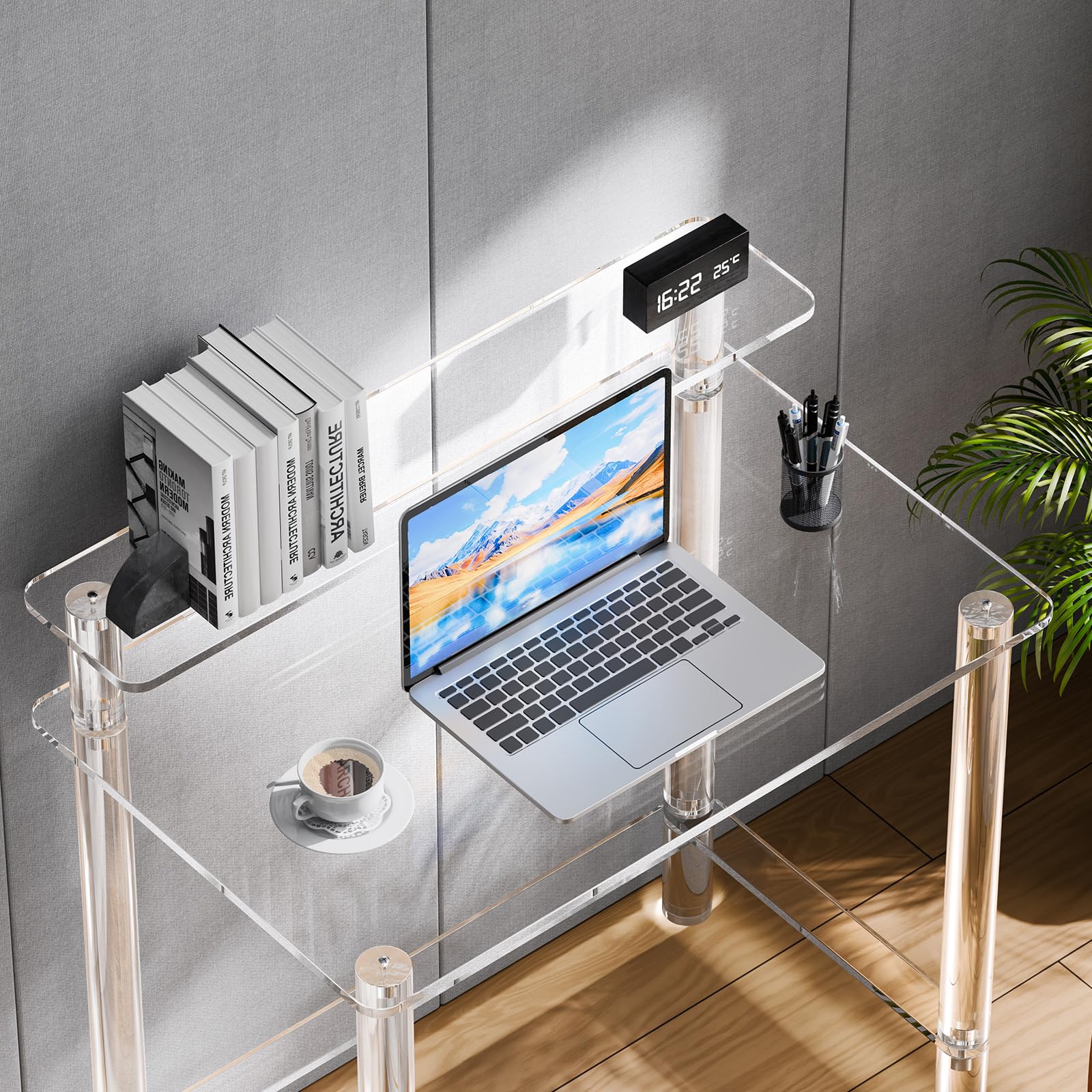 VEVOR Scrivania in Acrilico, Rettangolare a 2 Livelli Capacità di Carico 60 kg, Moderno Tavolino da Computer, per Camera da Letto, Isola Cucina, Ristorante, Ufficio, 50 x 80 x 88 cm, Trasparente