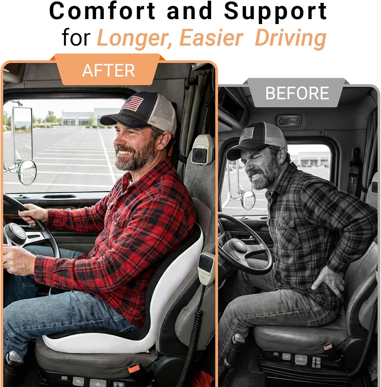 Ergonomic L-Shaped Memory Foam Seat Cushion with Lumbar Support for Truck Driver, Semi Truck, Car Seat, Long Drives, Office Chair, Non-Slip Base, Posture Support