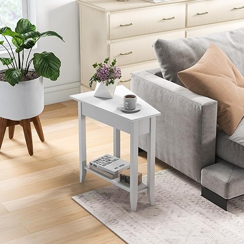 Miniatura 7 de Giantex Mesa auxiliar de cuña blanca, mesa auxiliar triangular con estante de almacenamiento y patas de madera maciza, mesa reclinable, mesita de