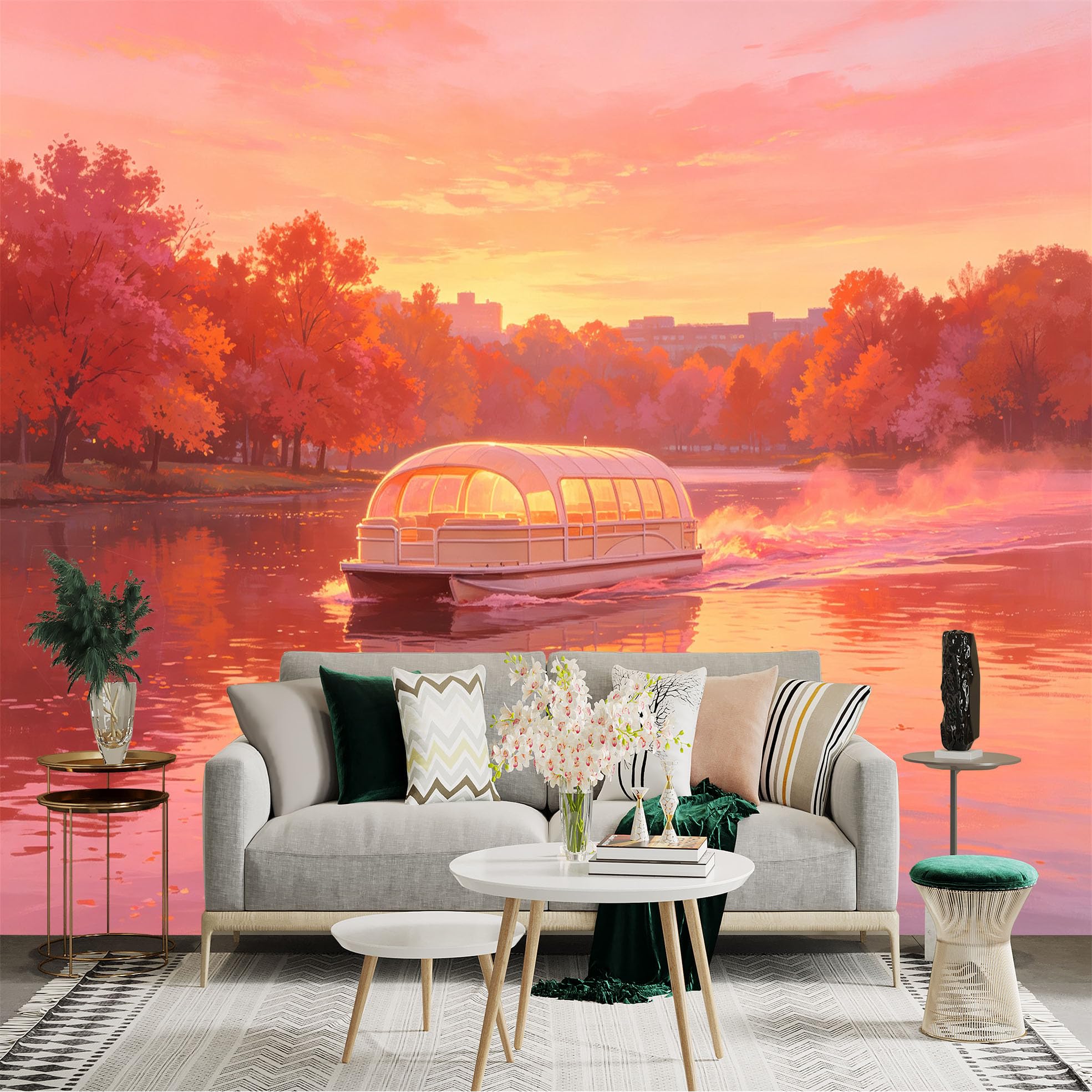 Custom Size Wall Sticker Mural， Sunset Boat on Lake， Vibrant Autumn Trees， Serene River Scenery， for wall Decoration， peelandstick wall Decals.