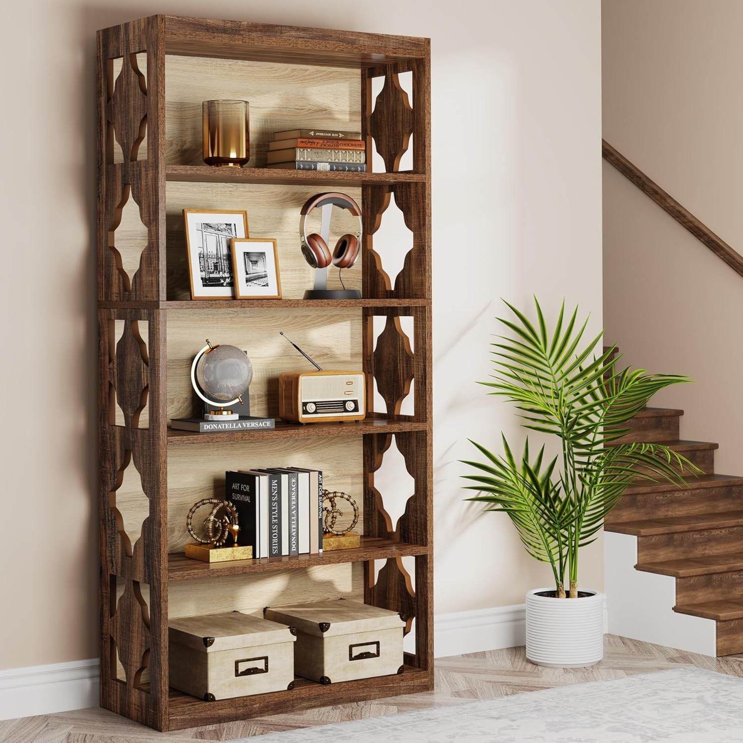 6-Tier Bookcase 70-inch Tall Freestanding Bookshelf with Hollow Patterns Brown Modern Contemporary Vintage Wood Finish Includes Hardware