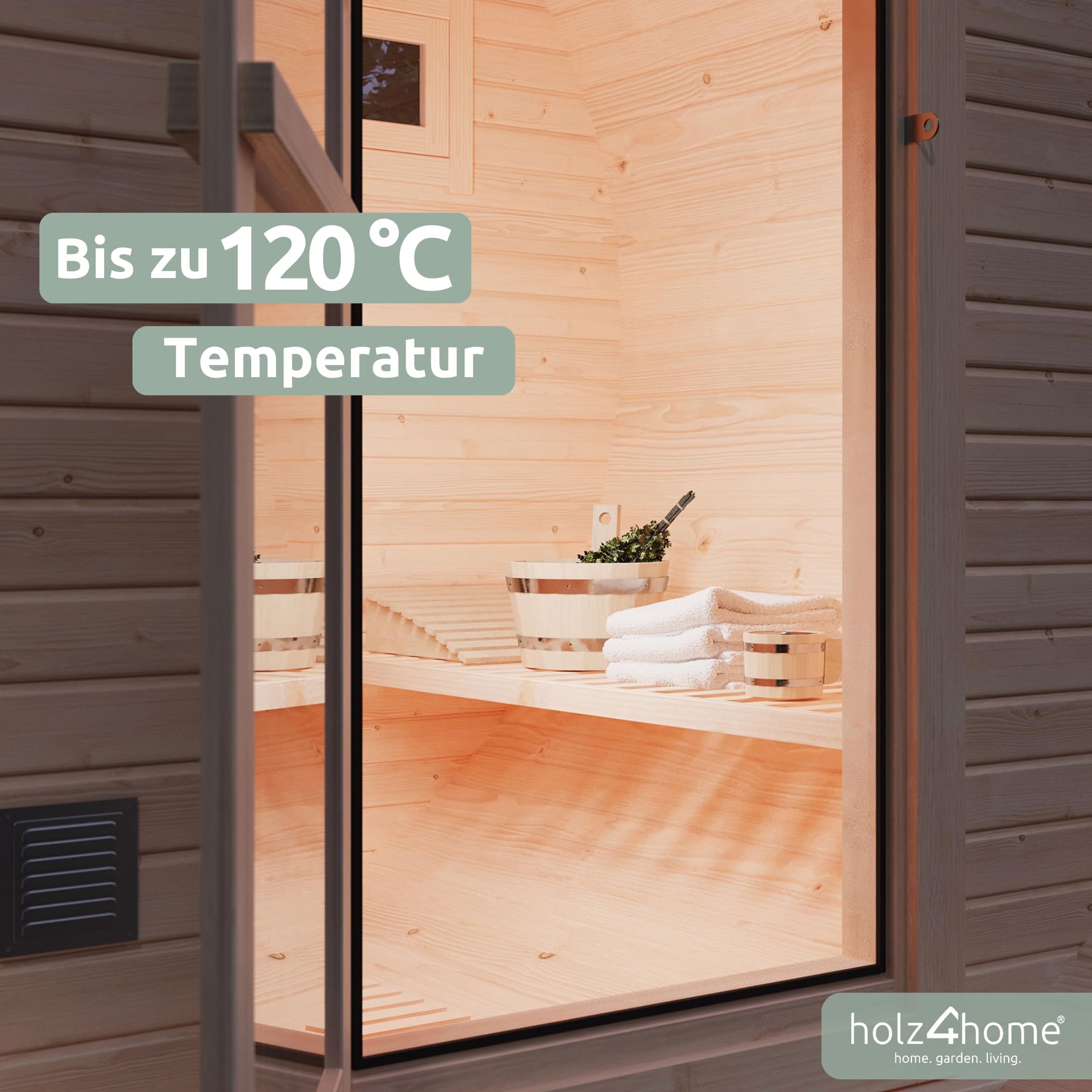 holz4home® Fasssauna Pini Wood inkl. Elektroofen I Gartensauna aus Fichtenholz I Aussensauna Saunafass Sauna für Terrasse Aussenbereich (Sauna L)