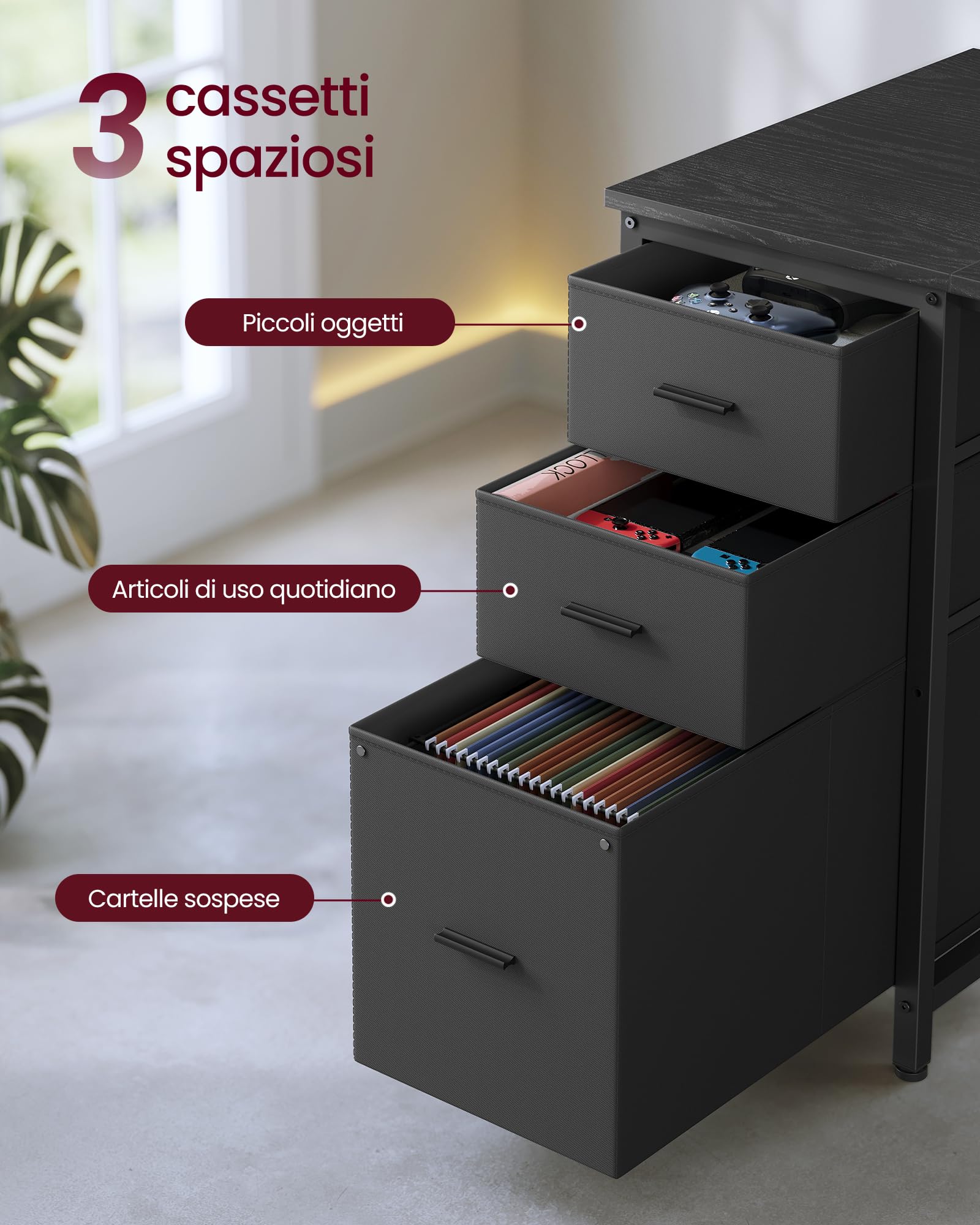 VASAGLE Scrivania Angolare, Scrivania da Gaming con Prese e Porte USB, Luci LED, 3 Cassetti, Supporto per Monitor, 160 x 100 x 150 cm, Nero Ebano, Collezione BARNET LWD163B101