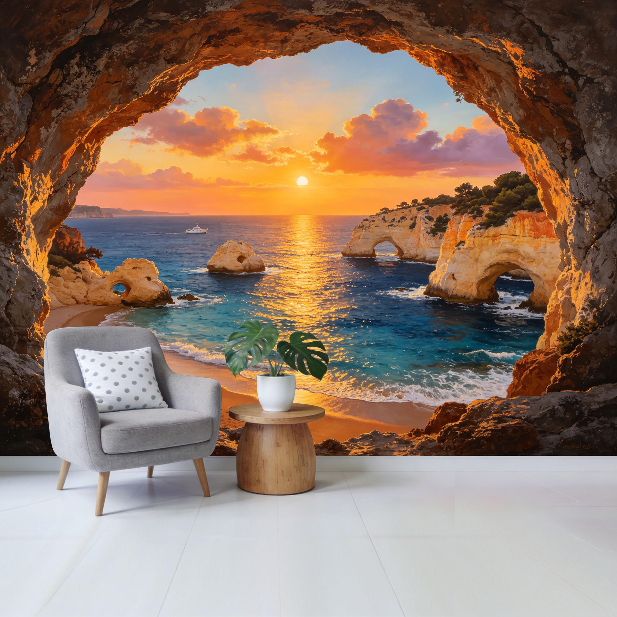 Custom Size Wall Mural Coastal Sunset Ocean Cave View Seaside Cliff Landscape Removable Self Adhesive Fabric Home Wall Decor for Living Room Bedroom Bathroom