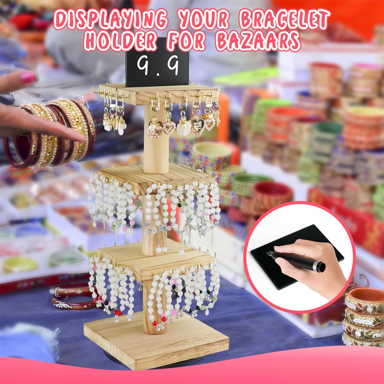 ERTIUANIO Bracelet Holder Display, 3 Tier Wooden Rotating Display Stand for vendors, 60 Hooks for Bracelet, KeyChain, Necklace, Jewelry