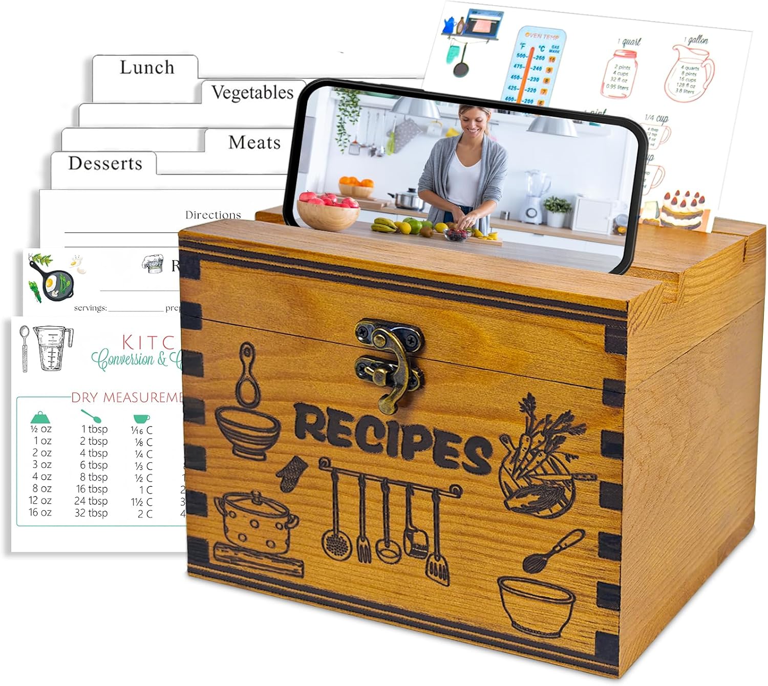 Wooden Recipe Box with Cards and Dividers, 4x6 Recipe Card Box Set, Recipe Organizer with Double Lid Slots (Phone Holder & Recipe Holder)