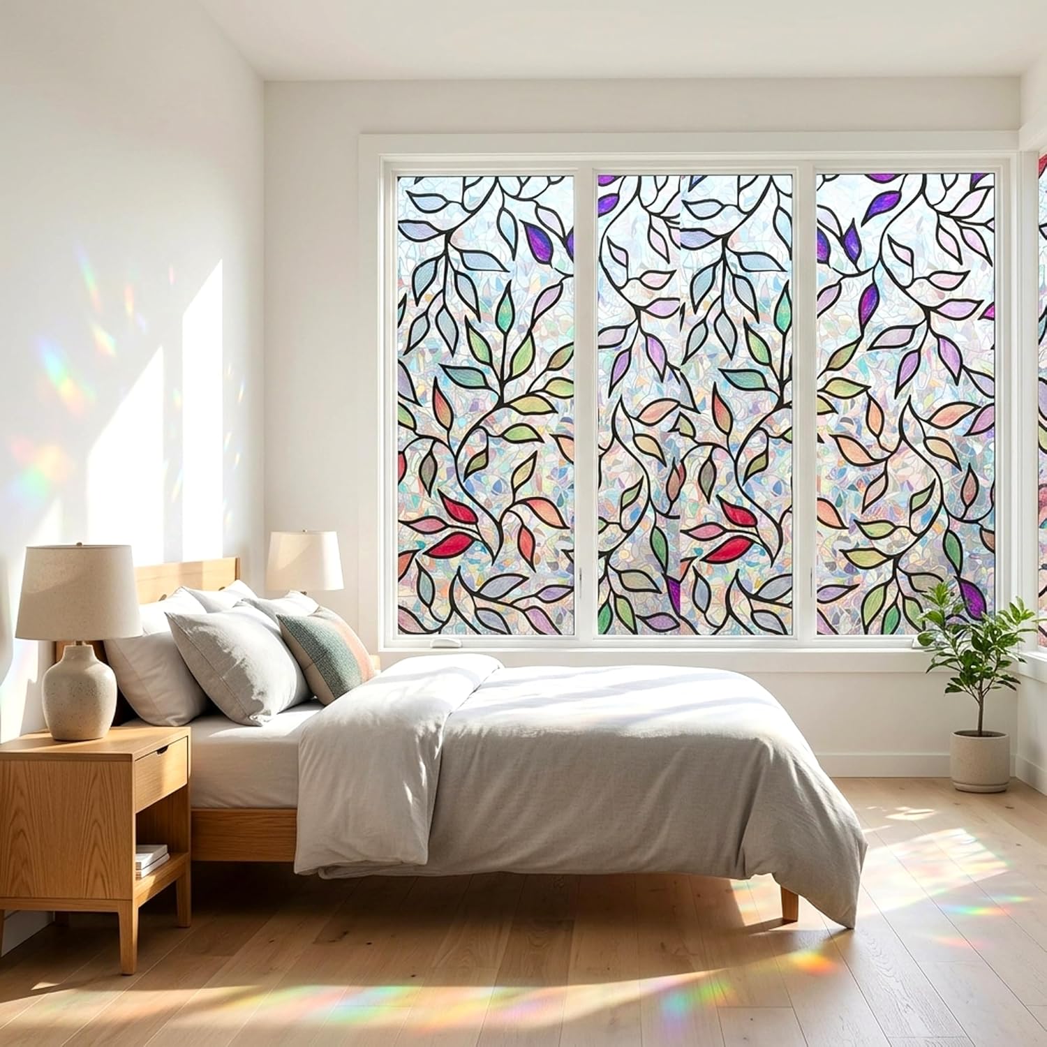 Colored Leaf Etched Window Privacy Film Static Cling 3D Prism Rainbow Decorative Sliding Door Cabinet Cupboard Cover No Glue Anti UV Easy Removable Sticker Tints,35x157 in.
