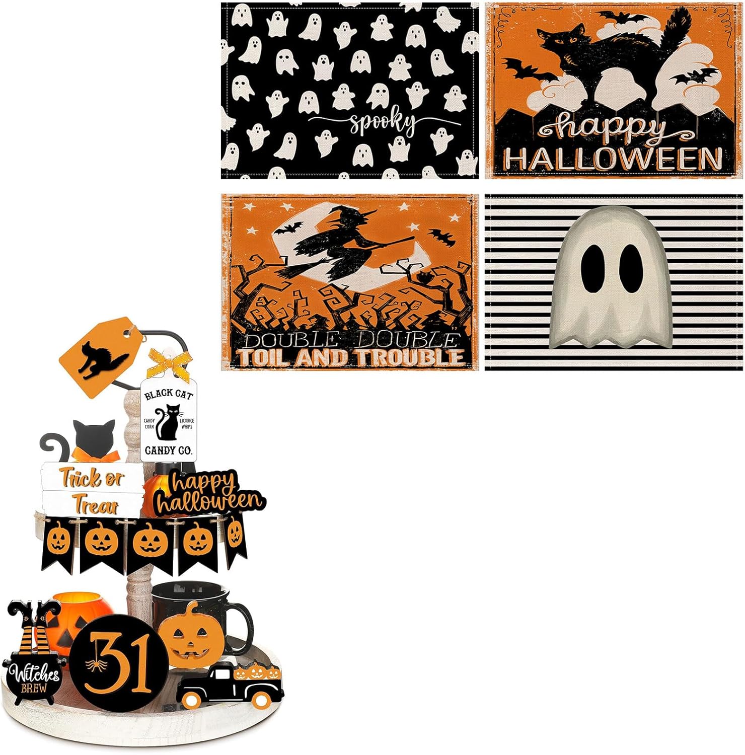 16 Pcs Halloween Tiered Tray Decor Set, Halloween Placemats