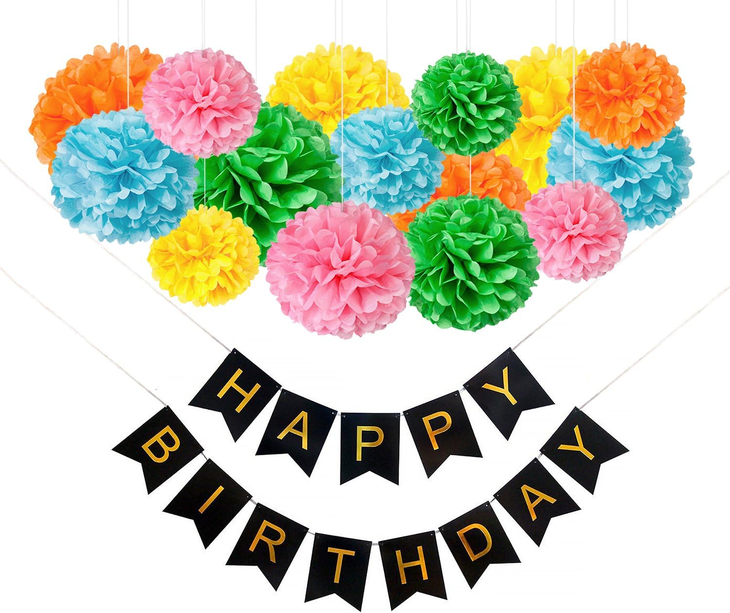 16 DIY Rainbow Birthday Decorations: 15 Large Tissue Paper Pom Poms + 1 Happy Birthday Banner. Birthday Party Decoration Supplies for Kids, Boys and Girls. Fiesta, Jungle, Flower, Circus Party Themes