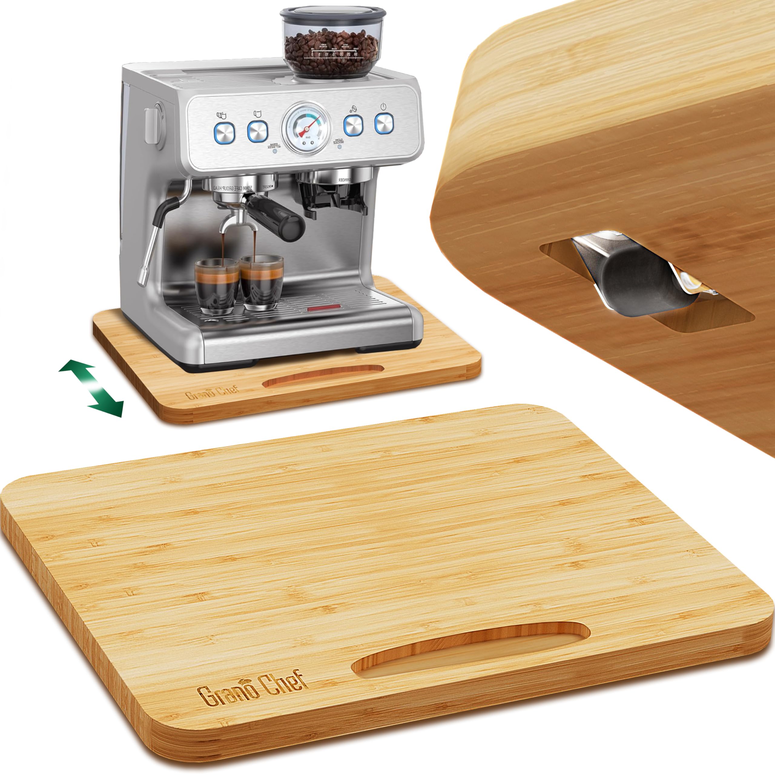 bamboo appliance slider, sliding tray for coffee maker, kitchen countertop appliance rolling tray, coffee pot slider tray with rubber wheels, biggest (20"d x 16"w)