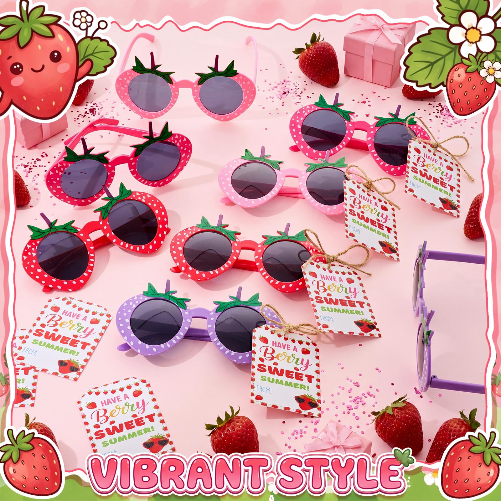 Tanlade Lot de 24 paires de lunettes de soleil en forme de fraise avec jolies cartes d'été, fournitures de fête d'anniversaire, cadeaux sur le thème de la fraise, accessoires photo