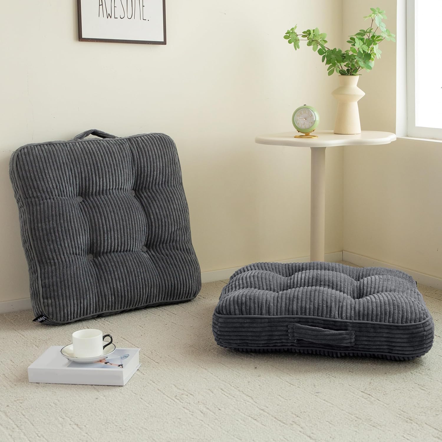 HIGOGOGO Washable Floor Pillows for Adults - 22x22 Inch Meditation Cushions, Tufted Corduroy Cover, Machine Washable, 2 Pack for Yoga & Living Room