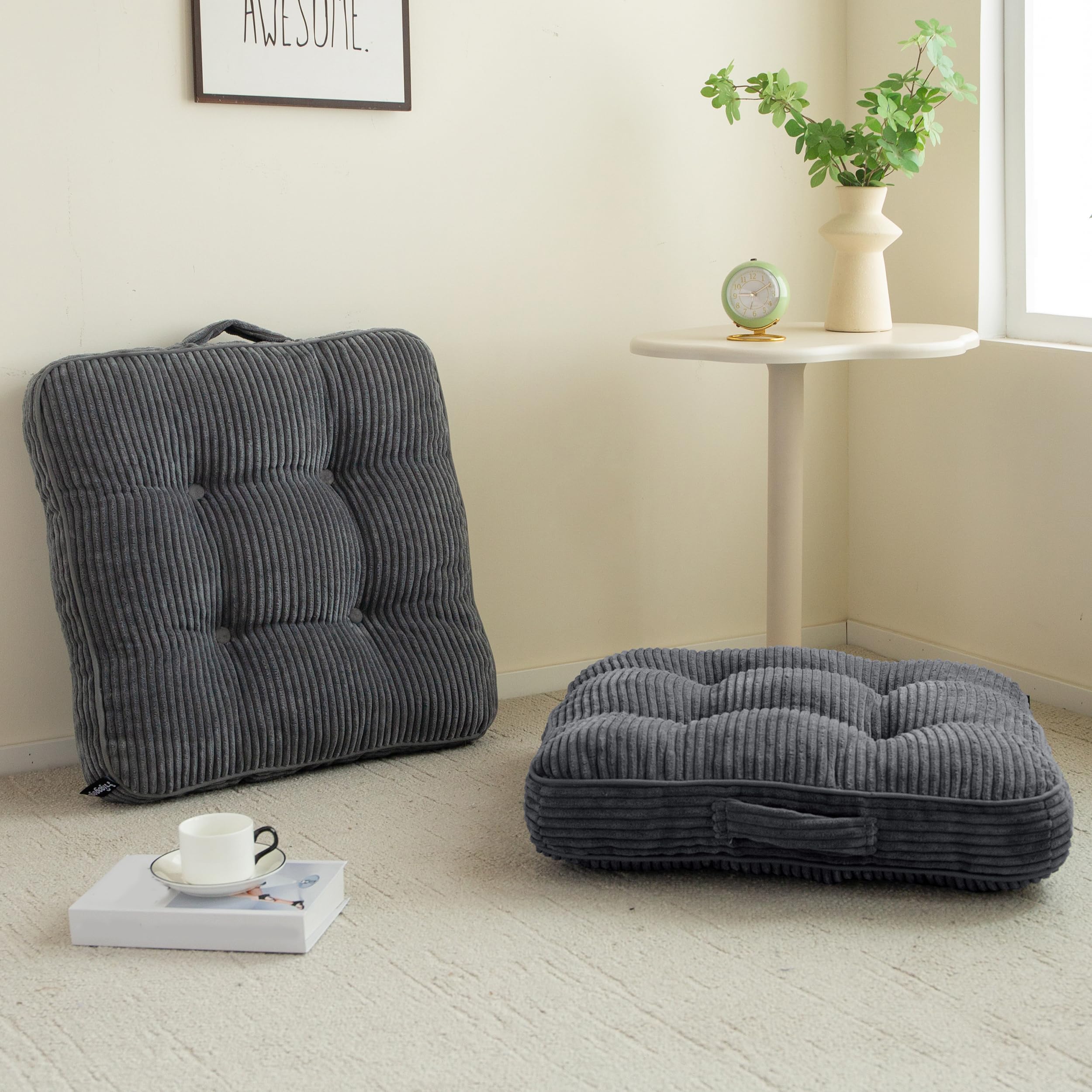 Photo 1 of HIGOGOGO Floor Pillow Cushion for Adults, Meditation Cushion Pillow, Large Square Floor Sitting, Tufted Corduroy Cover, for Tatami Living Room or Yoga, 22x22 Inch, 2Pack, Dark Grey