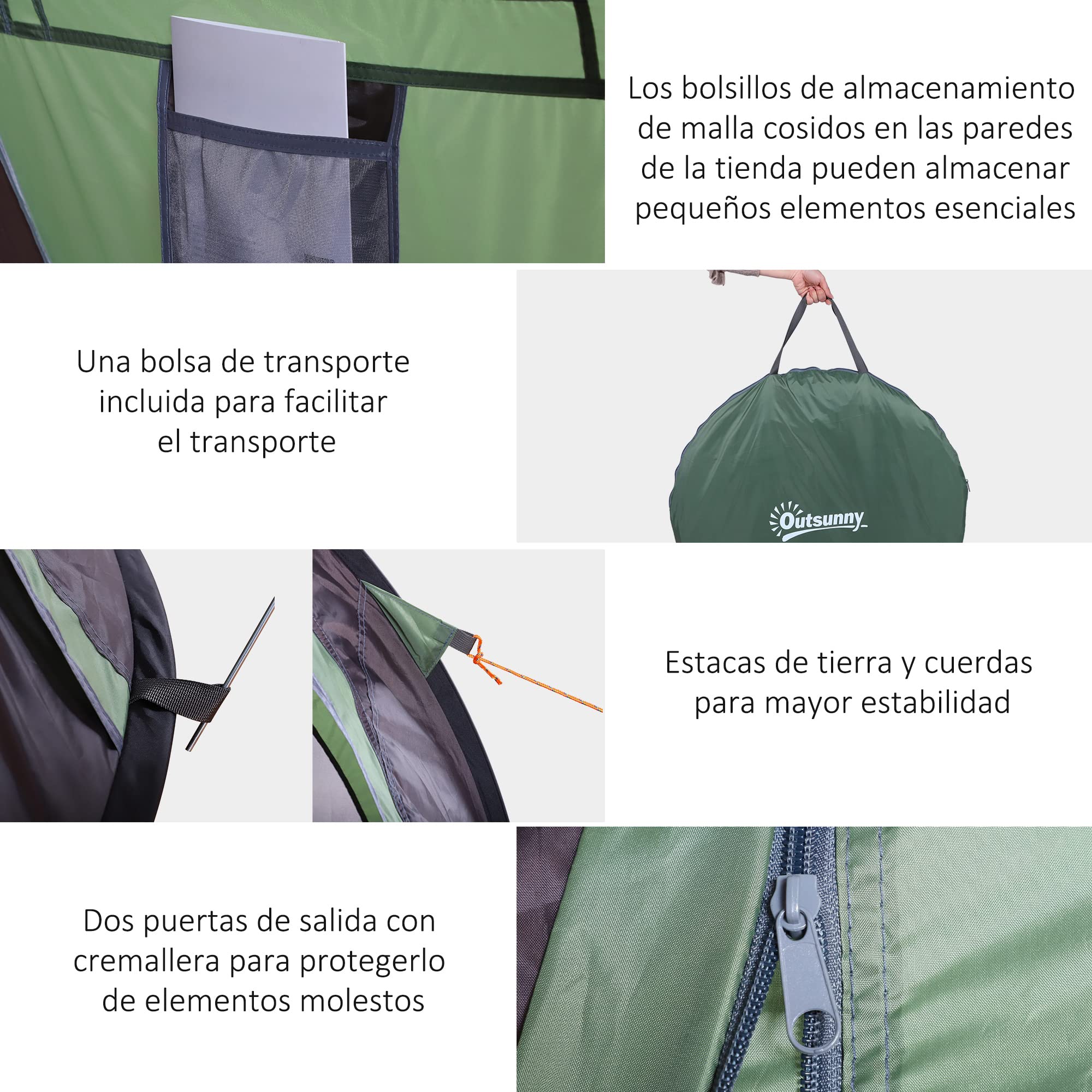 Outsunny Tienda de Campaña Pop-up Impermeable 3000 mm Anti-UV 250x150x100cm para 1-2 Personas Verde