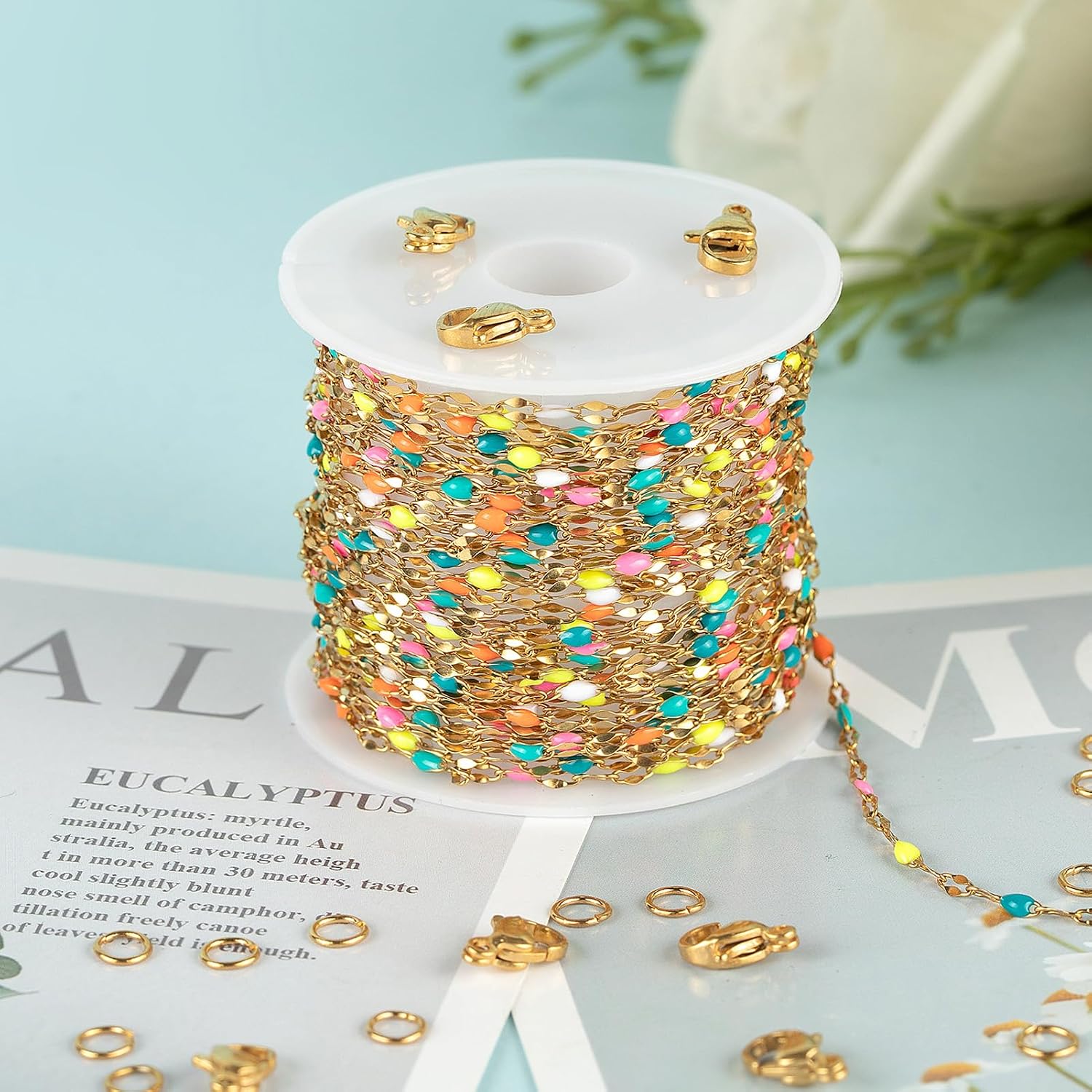 UMAOKANG 16.4ft/5m Gold Plated Stainless Steel Chains Bulk Mixed Color Enamel Bead Chain Spool for Jewelry Making with Jump Rings and Lobster Clasps