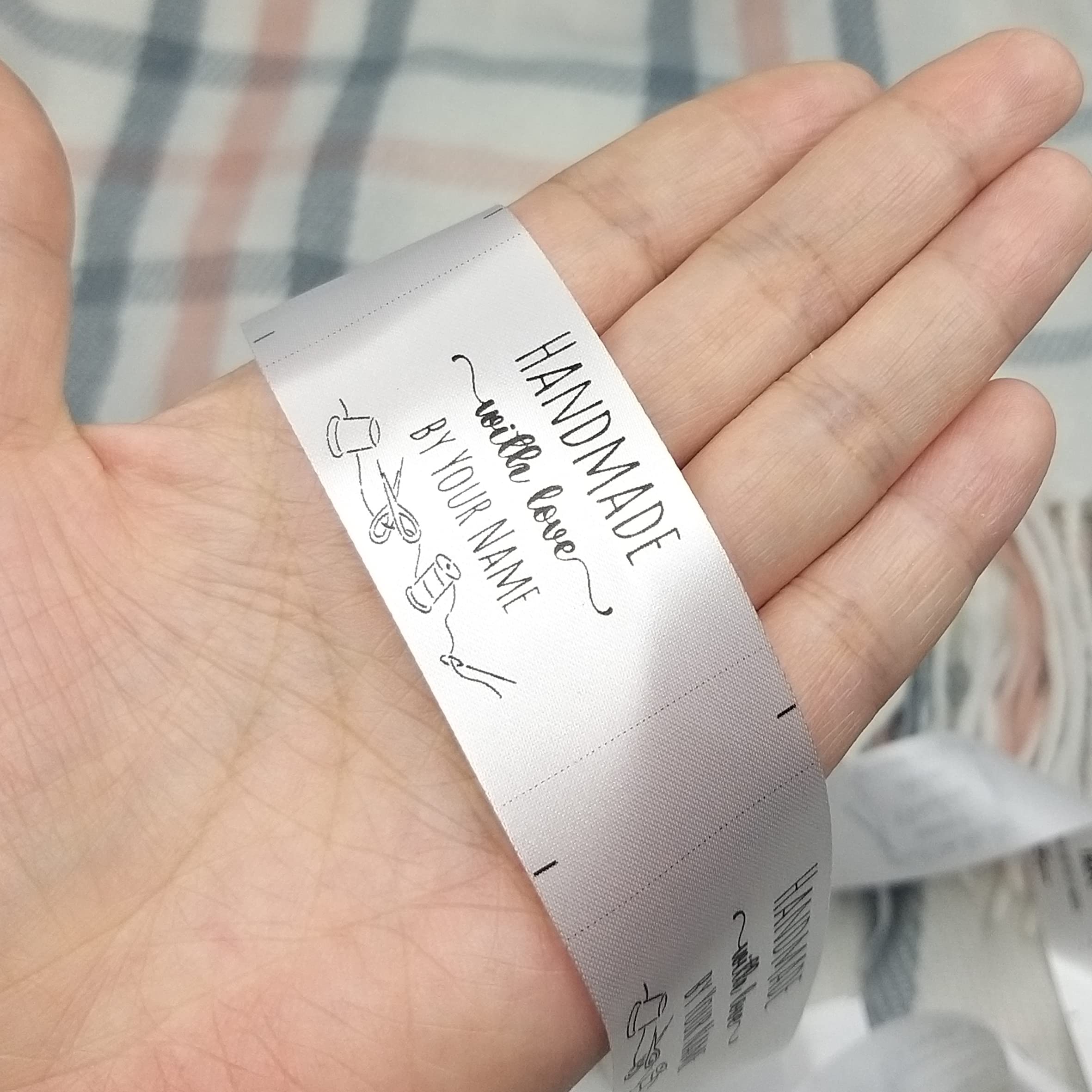 100pcs Custom Clothing Label Personalized Fabric tag Sewing DIY Gift Handmade with Love Sewing Tools Design White Silky Satin Flat sew in end fold Washable Label