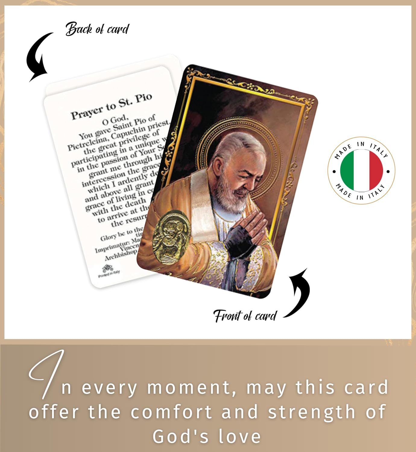Trendzeen Saint Padre Pio Card - Made in Italy St Padre Pio Holy Card, Small Wooden Pocket Cross, The Lord's Prayer - Patron Saint of Stress Relief Healing Theme Set - 3 Items Total - Image 7