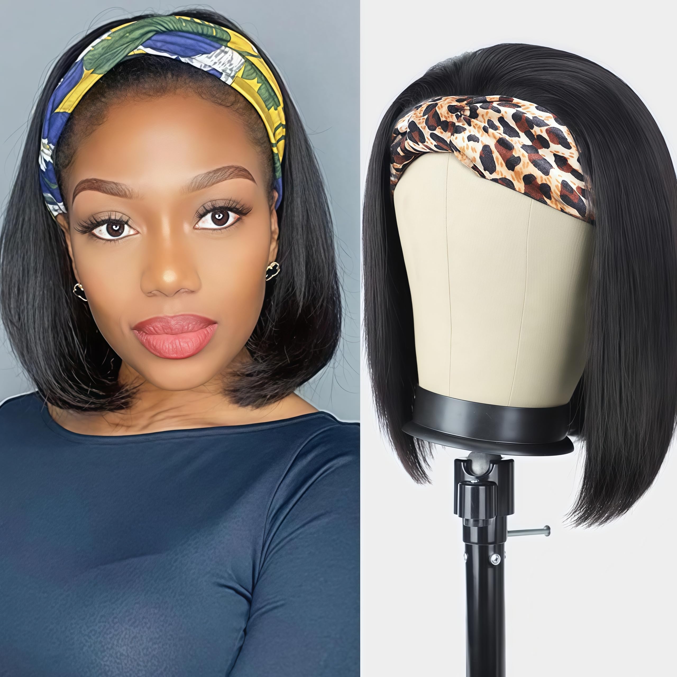 Comfair 16 inch Headband Wig Human Hair Bob Short Straight Headband Wig Wear And Go Glueless Wigs 180% Density None Lace Natural Color Bob Short Human