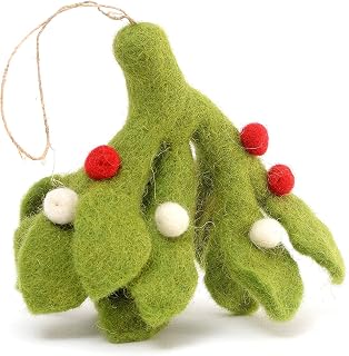 Glaciart One Felt Mistletoe Ornament - with Hemp String, Easy Hanging - Cute DIY Christmas Ornaments for Home & Office - Hand Felted, Made in Nepal, Natural New Zealand Wool Material - 4.5"