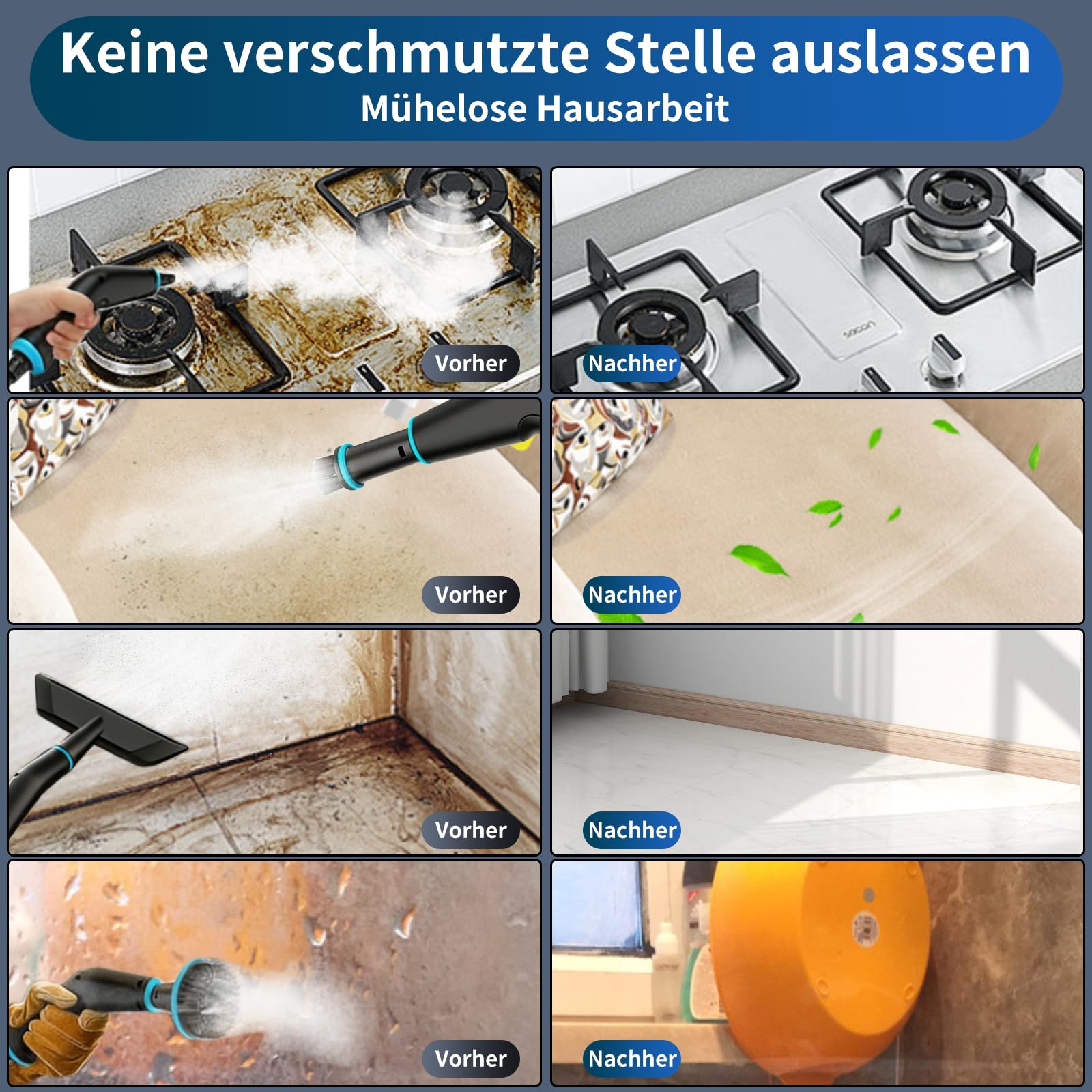Dampfreiniger Handgerät, 2500W Handdampfreiniger, 8 Düsen, 6 Dampfstufen, 1250 ML Tank, 105℃ Hochtemperatur, 4 BAR Hochdruck, 15S Heizzeit, Tragbarer Dampfreiniger für Auto Küche Bad Polster BBQ