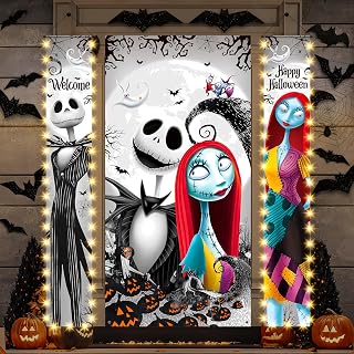 Halloween Door Decorations, Nightmare Jack Skellington Halloween Decorations Porch Sign and Door Cover, Glow in Dark All Hallows' Eve Outdoor Indoor Party Banner