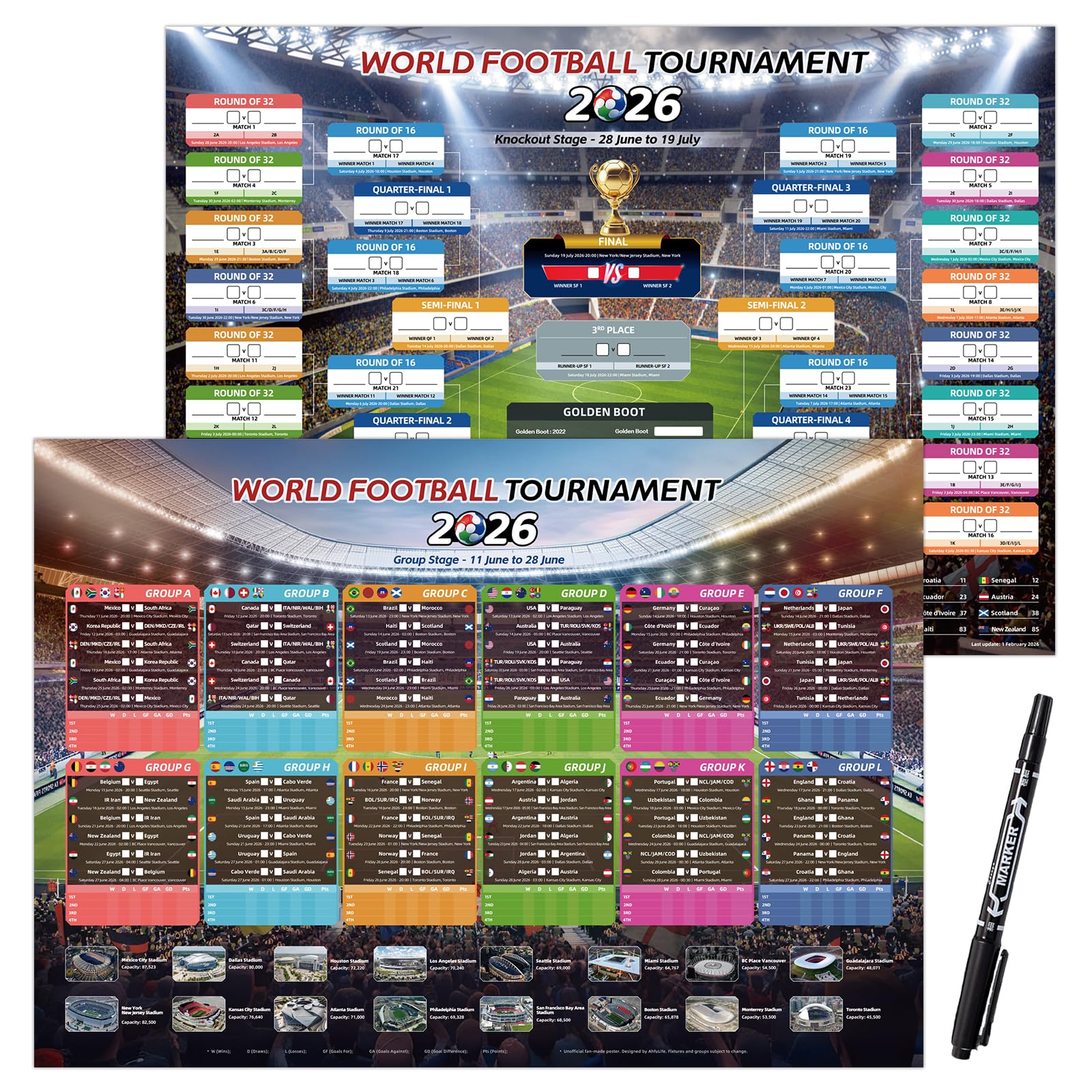 AhfuLife 2Pcs World Cup Football 2026 Wall Chart for Party Decorations - A2 Sizes World Cup WallChart Poster - Includes 48 Teams Group Knockout Final Results Wall Calendar (Folded, A2-42cm x 59.4cm)