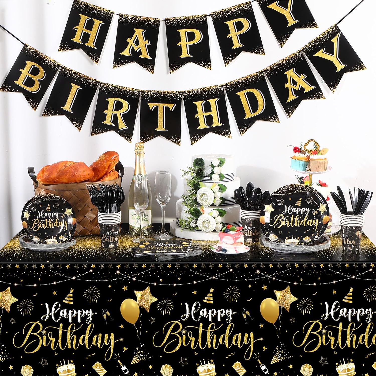 Vesici 171 Pcs Happy Birthday Party Supplies 24 Set Disposable Party Tableware include Plates Cups Napkins Cutlery and Banner Tablecloth Birthday Dinner Decorations for Men Woman(Black, Gold)