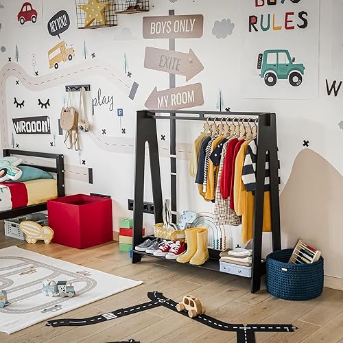 Sweet Home from wood Armario infantil Perchero de madera con riel colgante y estante de exhibición para niños Muebles de tocador DIY (negro)