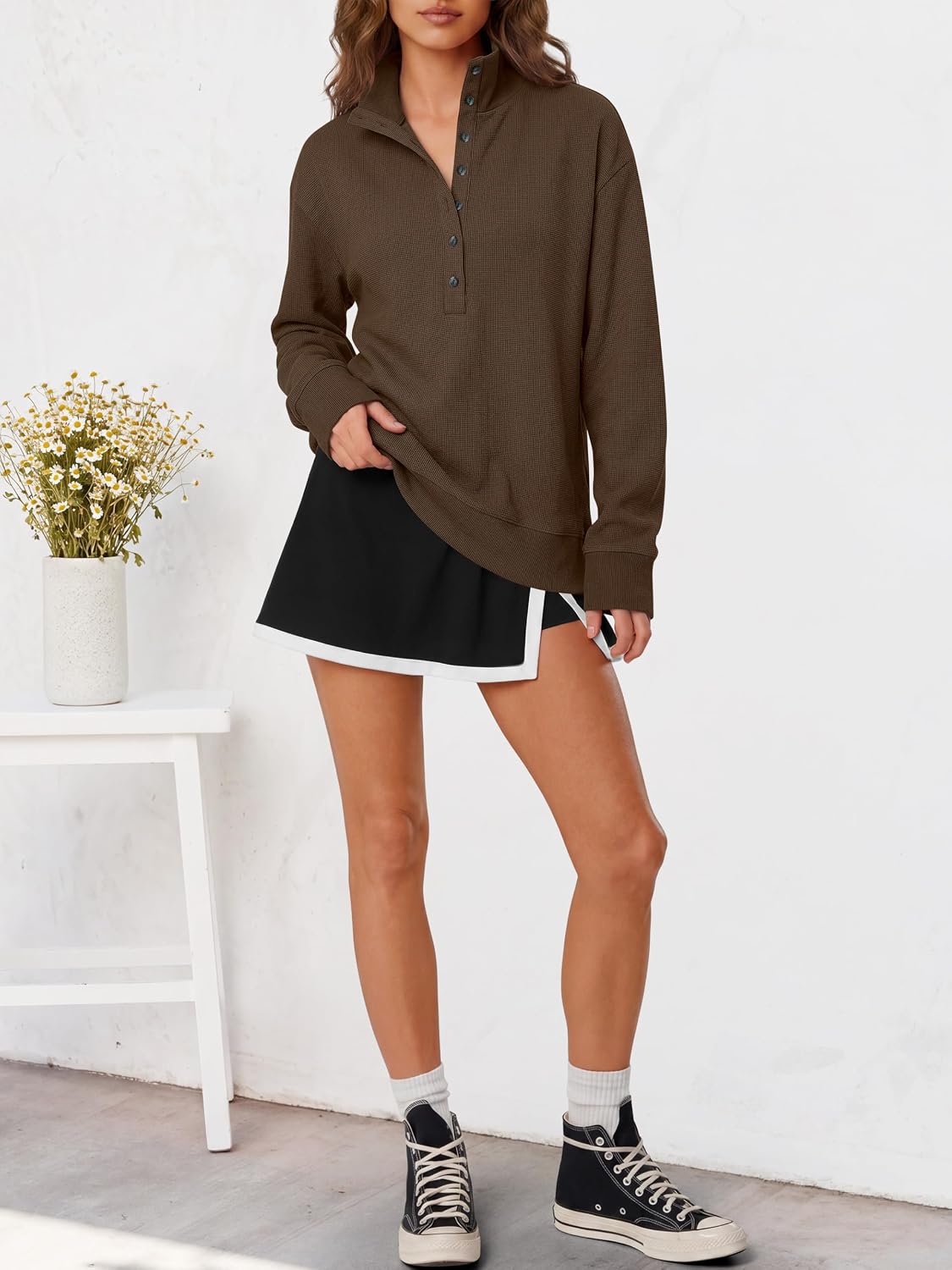 ANRABESS Women's Waffle Knit Henley Collared Sweatshirt | Lightweight Soft Thermal ,Regular Fit Long Sleeve Half Button Pullover Tops,for Casual Daily & Preppy，Spring & Fall Weather